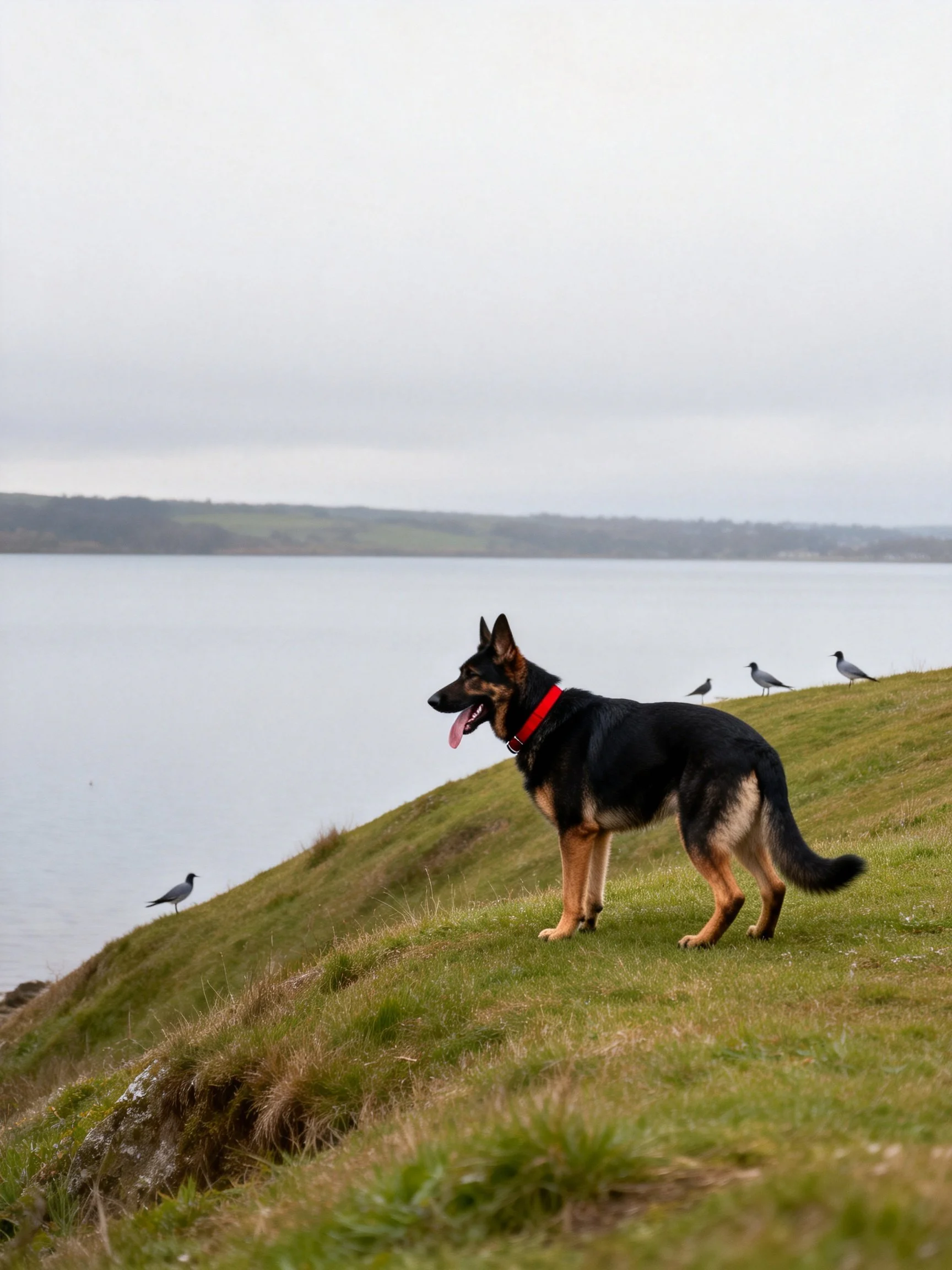 A German Shepherd stands on a grassy lakeshore slope with birds near calm water.