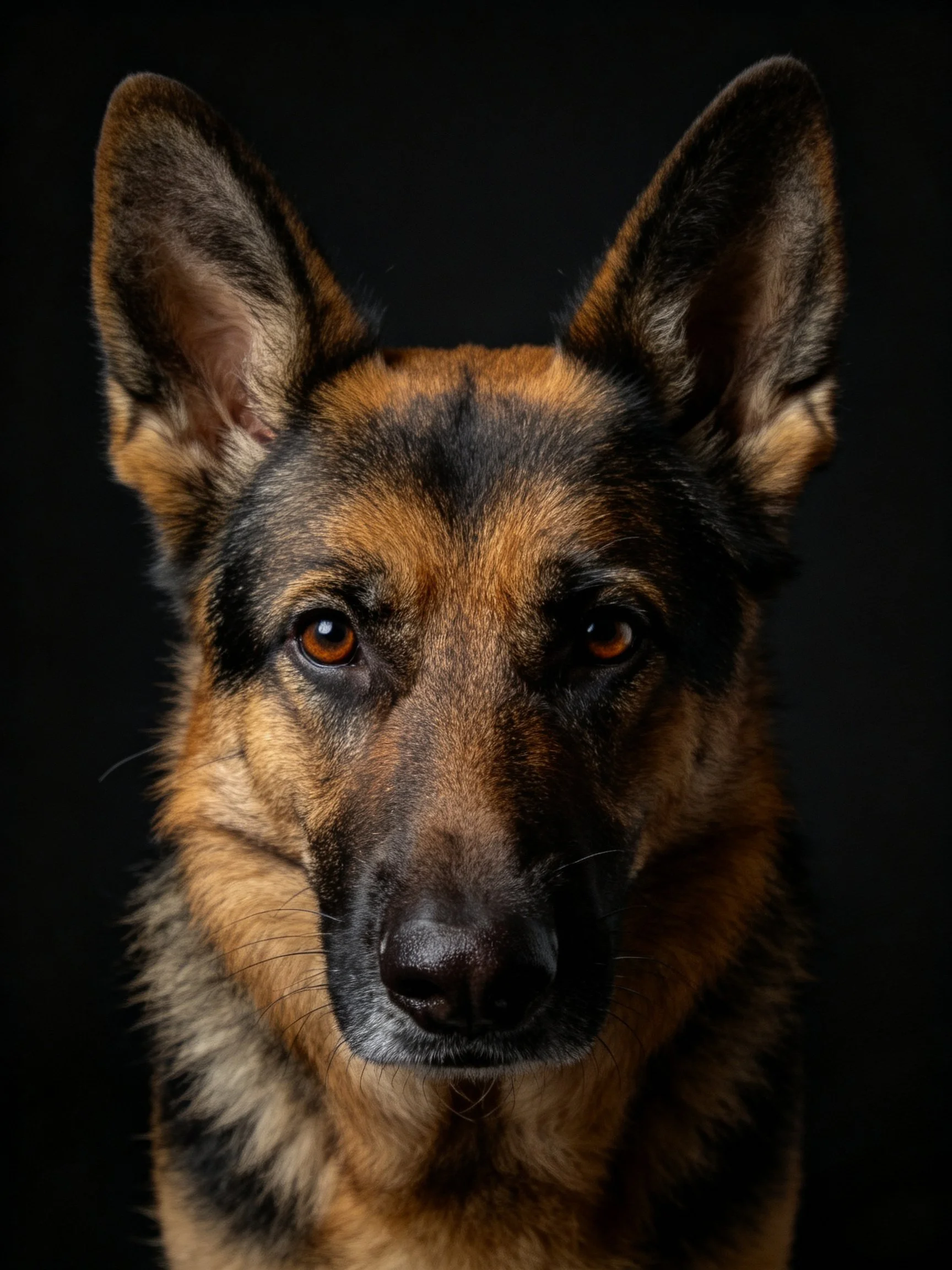 German Shepherd with tan and black fur is photographed against a dark backdrop.
