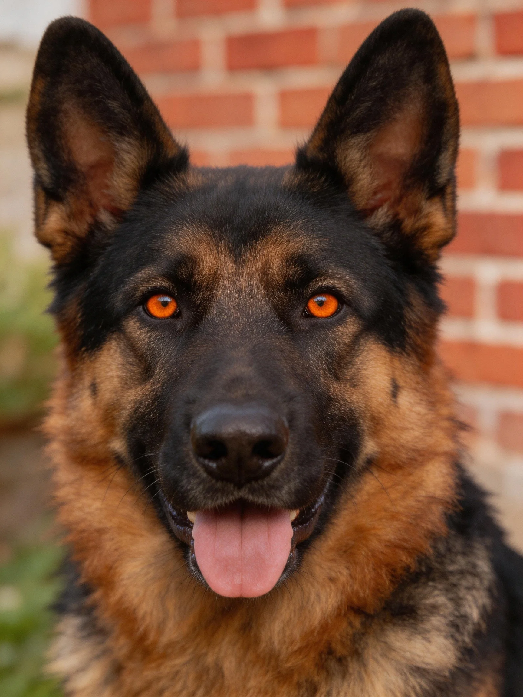 A German Shepherd with bright orange eyes stands beside a red brick wall.