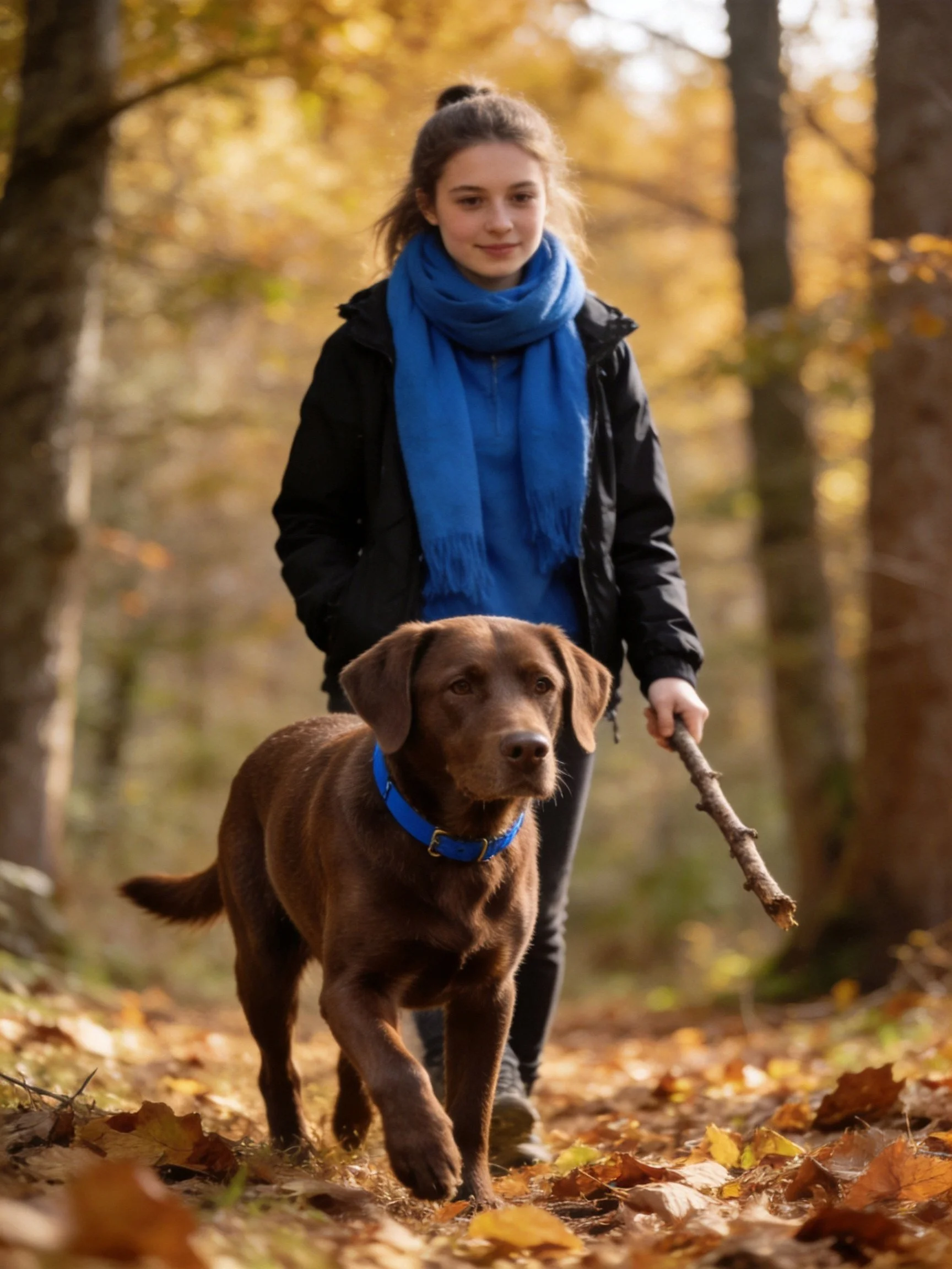 A girl walks her chocolate lab through an autumnal forest path.