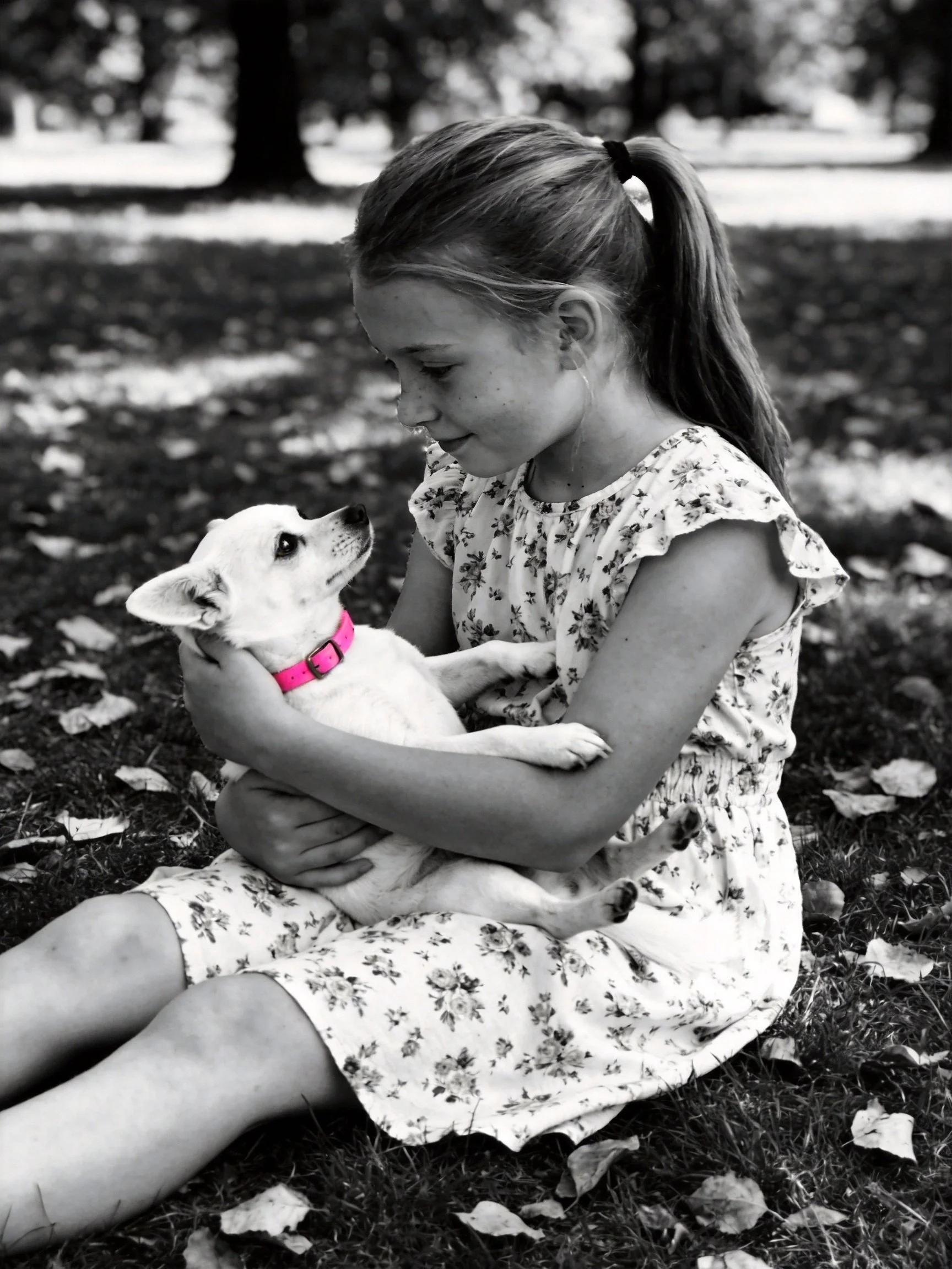 Girl in floral dress holds small white dog with pink collar