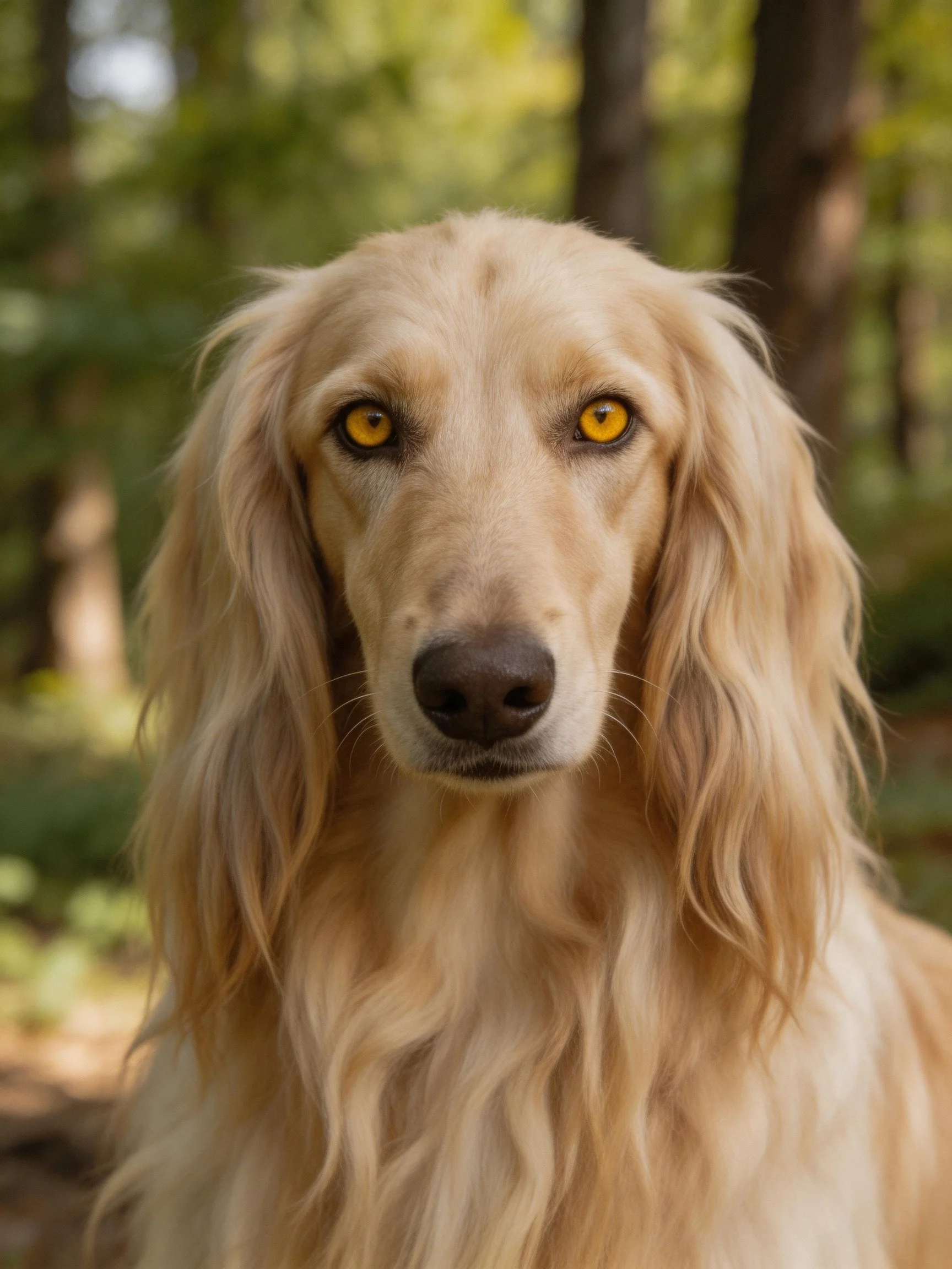 An Afghan Hound with long, wavy fur stands in a sunlit forest.