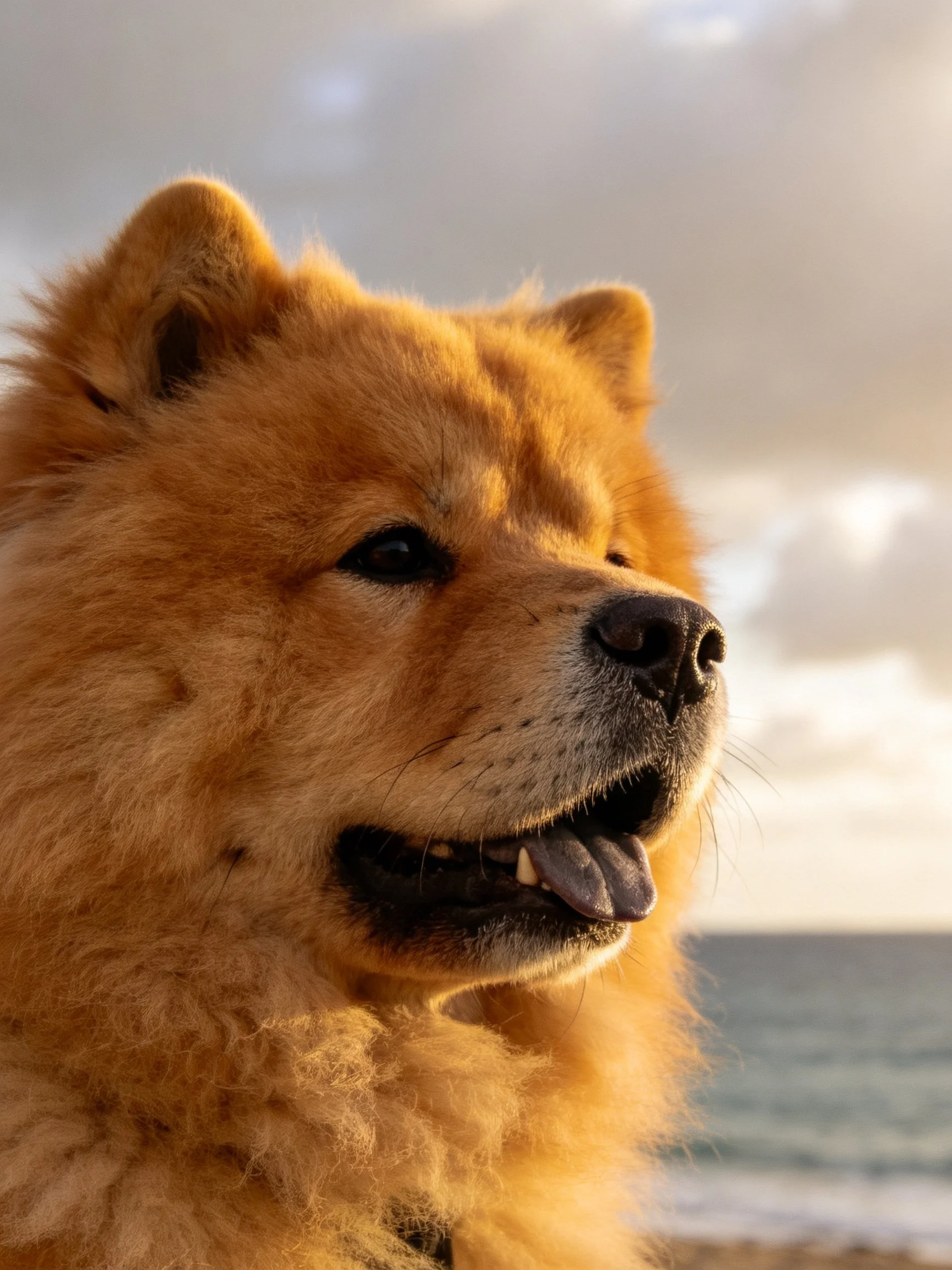 Golden Chow dog near ocean with cloudy sky