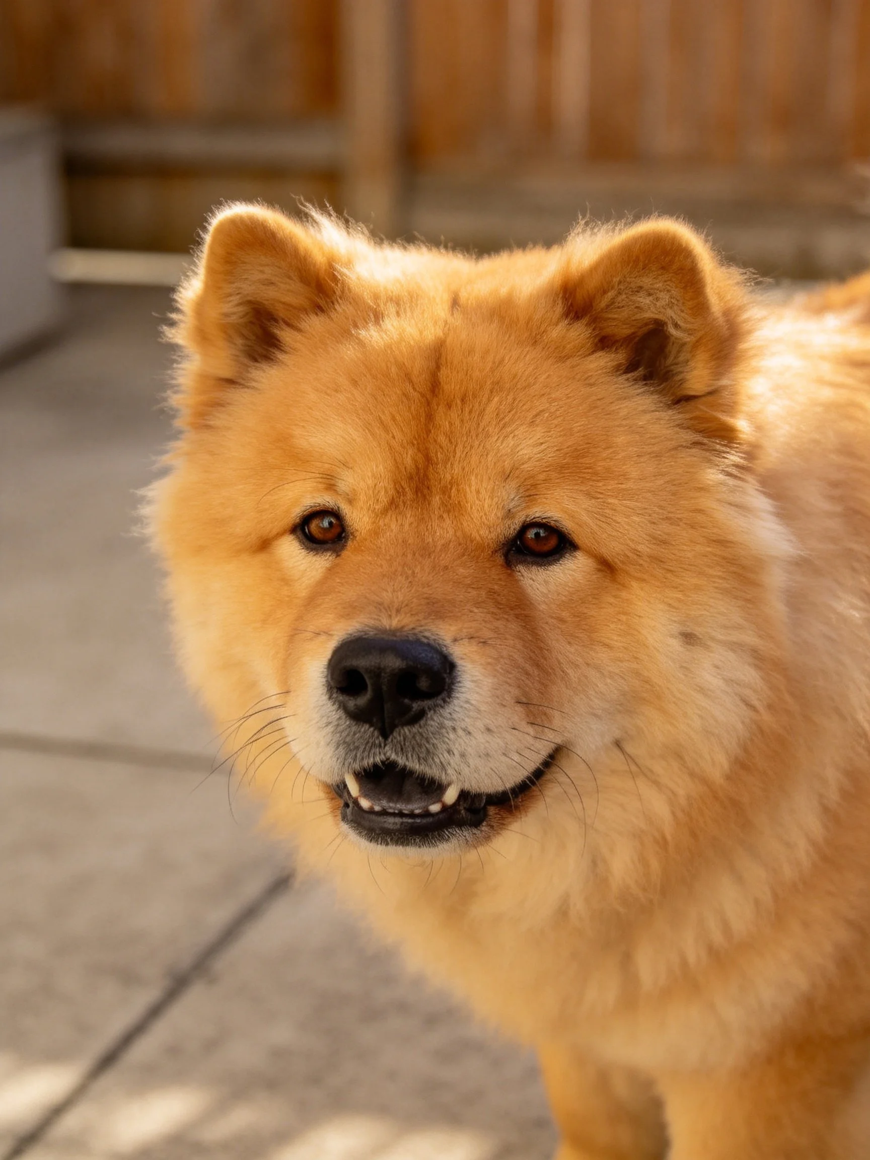 Golden Chow dog near wooden fence on concrete pavement