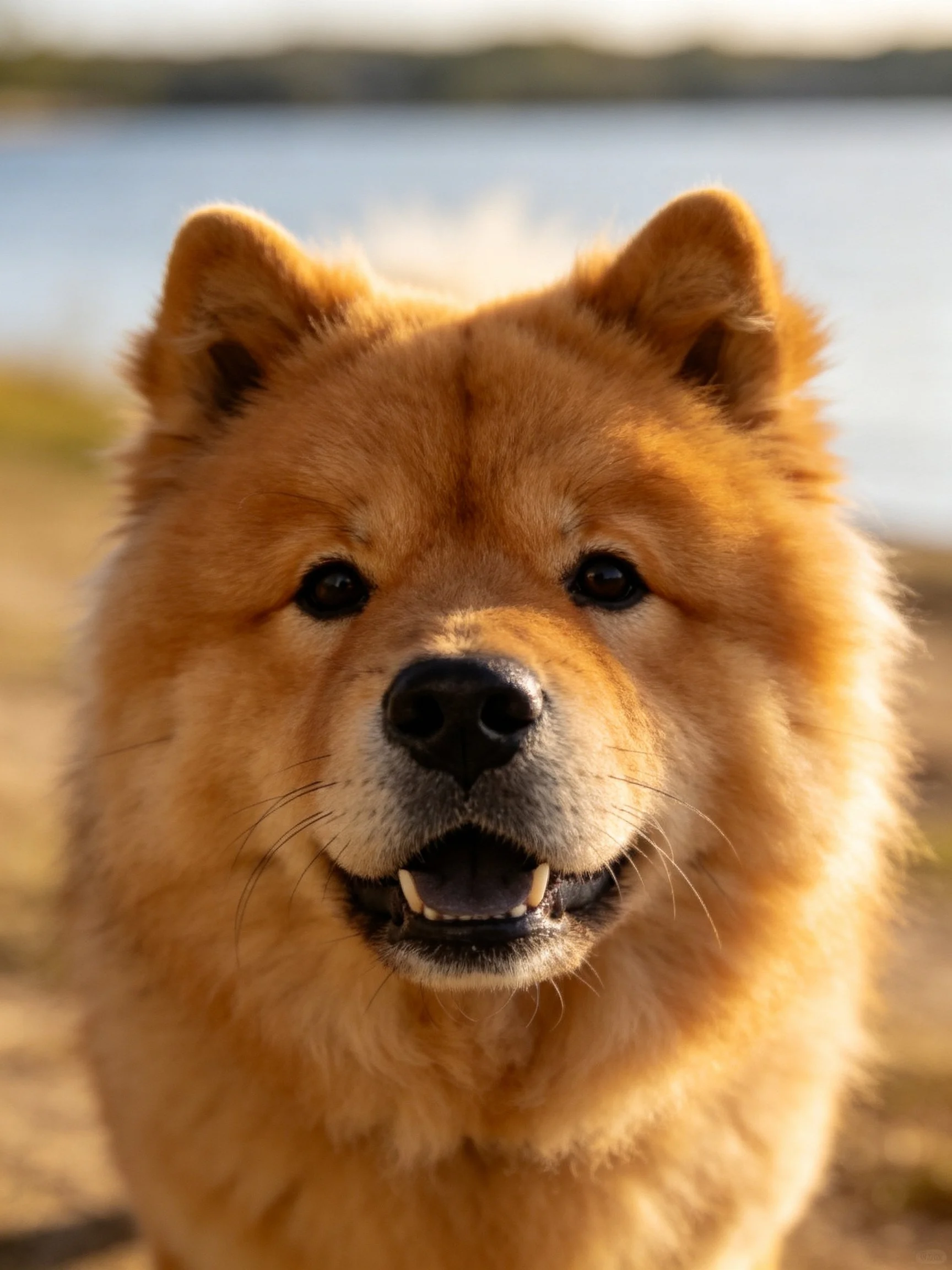 Golden Chow dog with fluffy coat near a lake