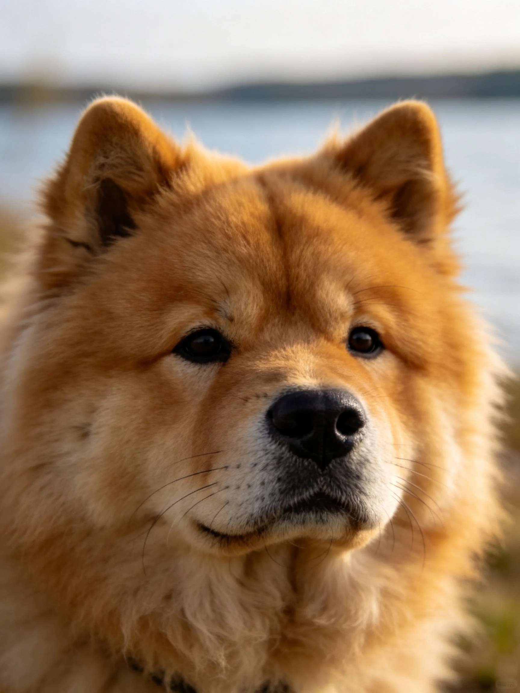 Golden Chow dog with fluffy coat near calm water