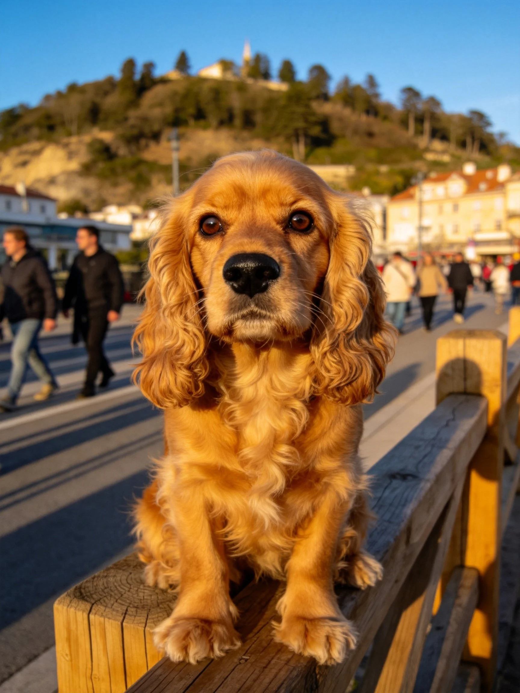 Golden Cocker Spaniel on wooden railing near pedestrians