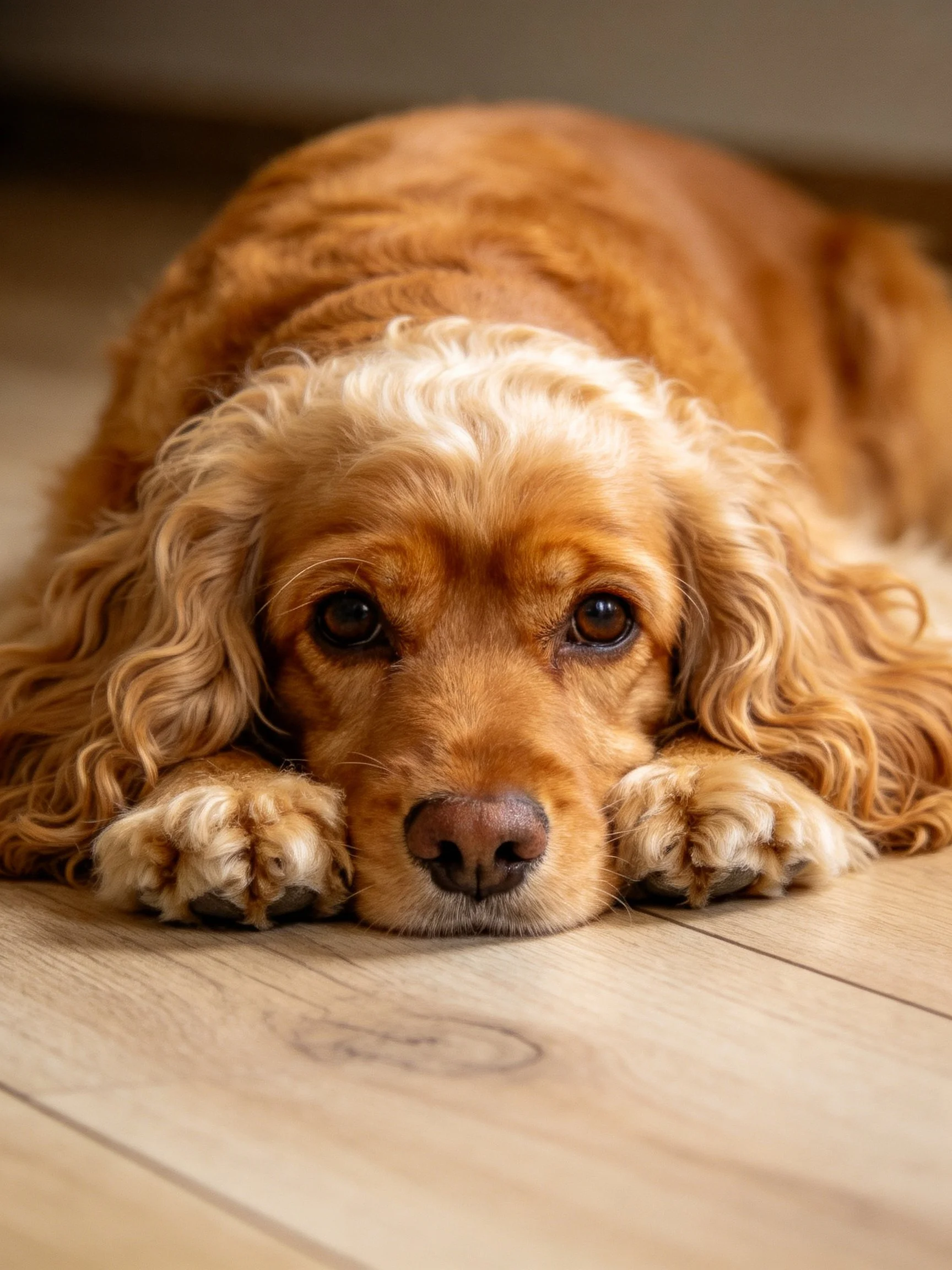 Golden Cocker Spaniel resting on wooden flooring