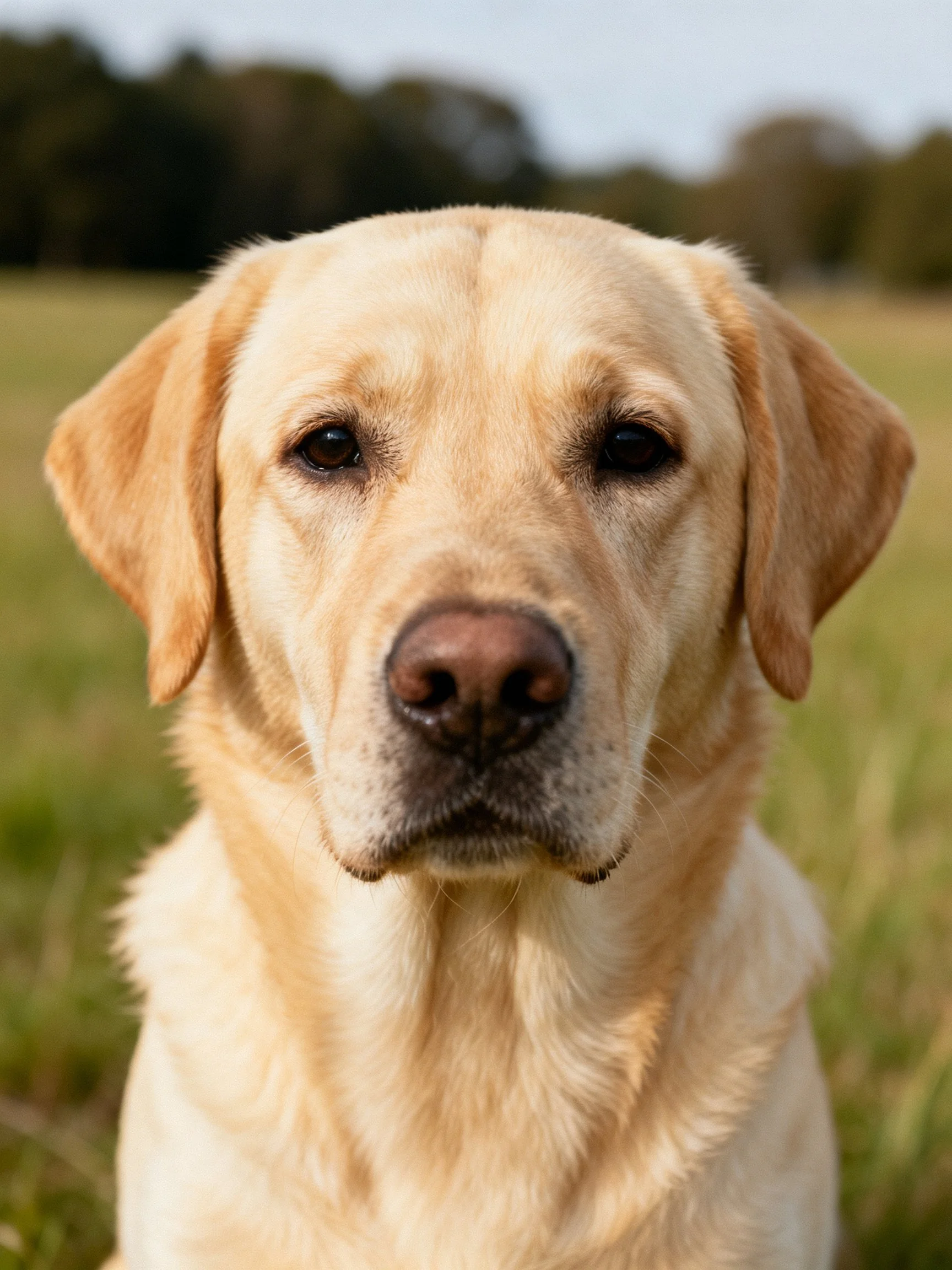 A golden Labrador Retriever is photographed up close in a grassy outdoor setting.