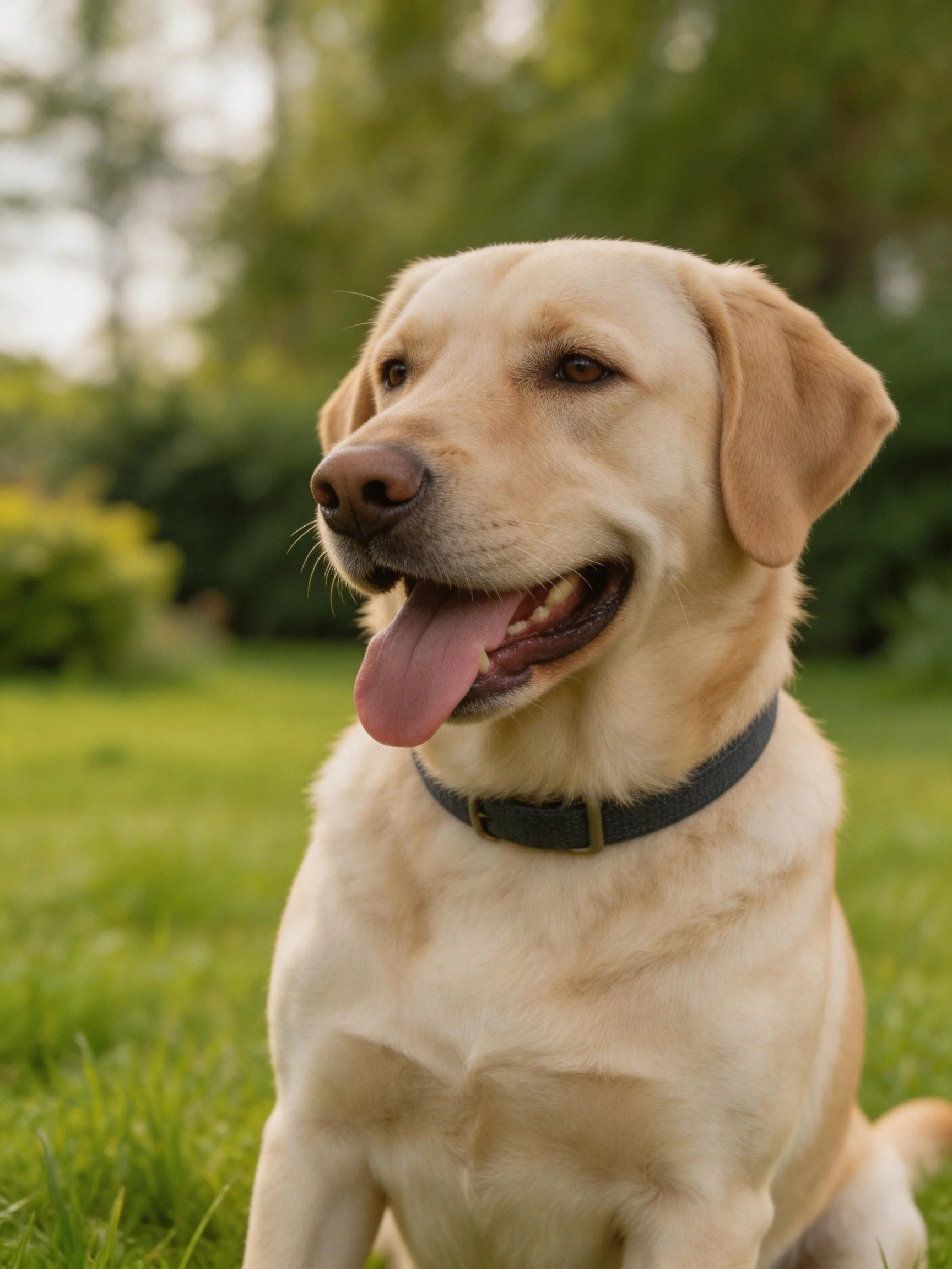 A golden Labrador Retriever rests happily on a grassy area with trees in the background.