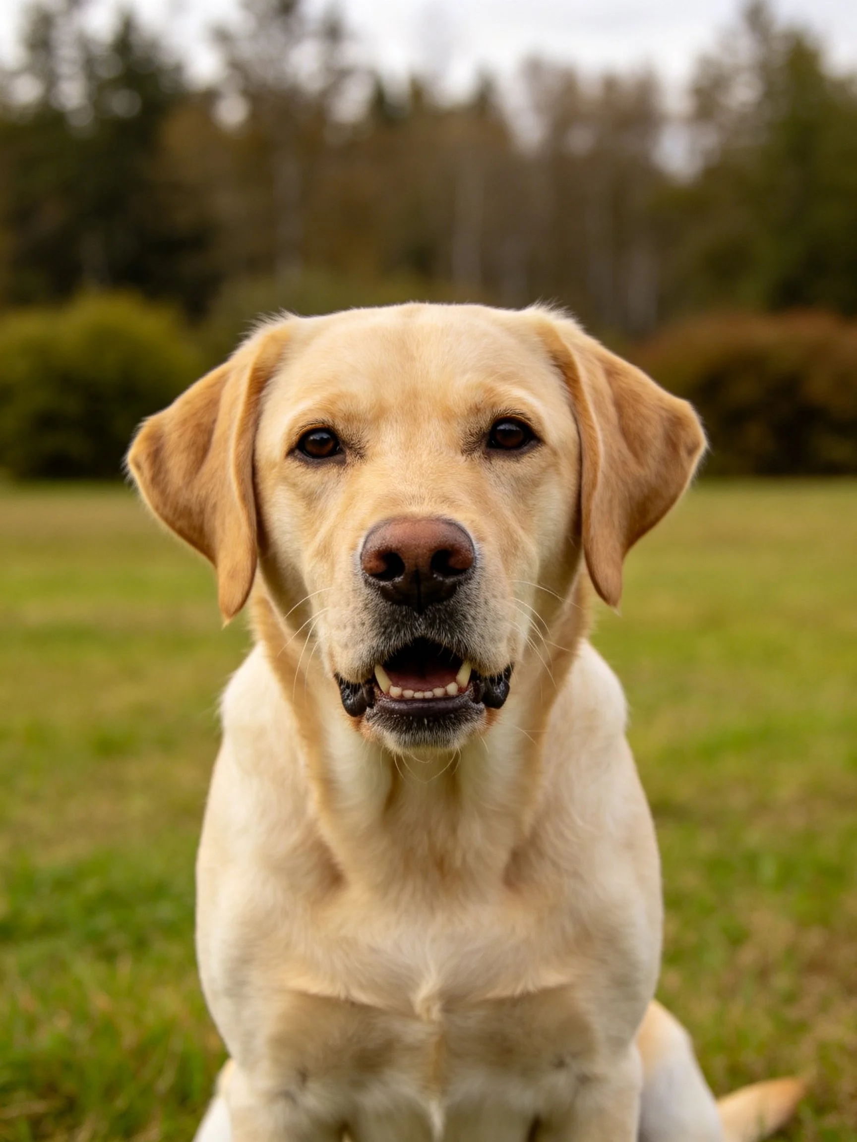 A golden Labrador Retriever sits on grass with trees in the distance.