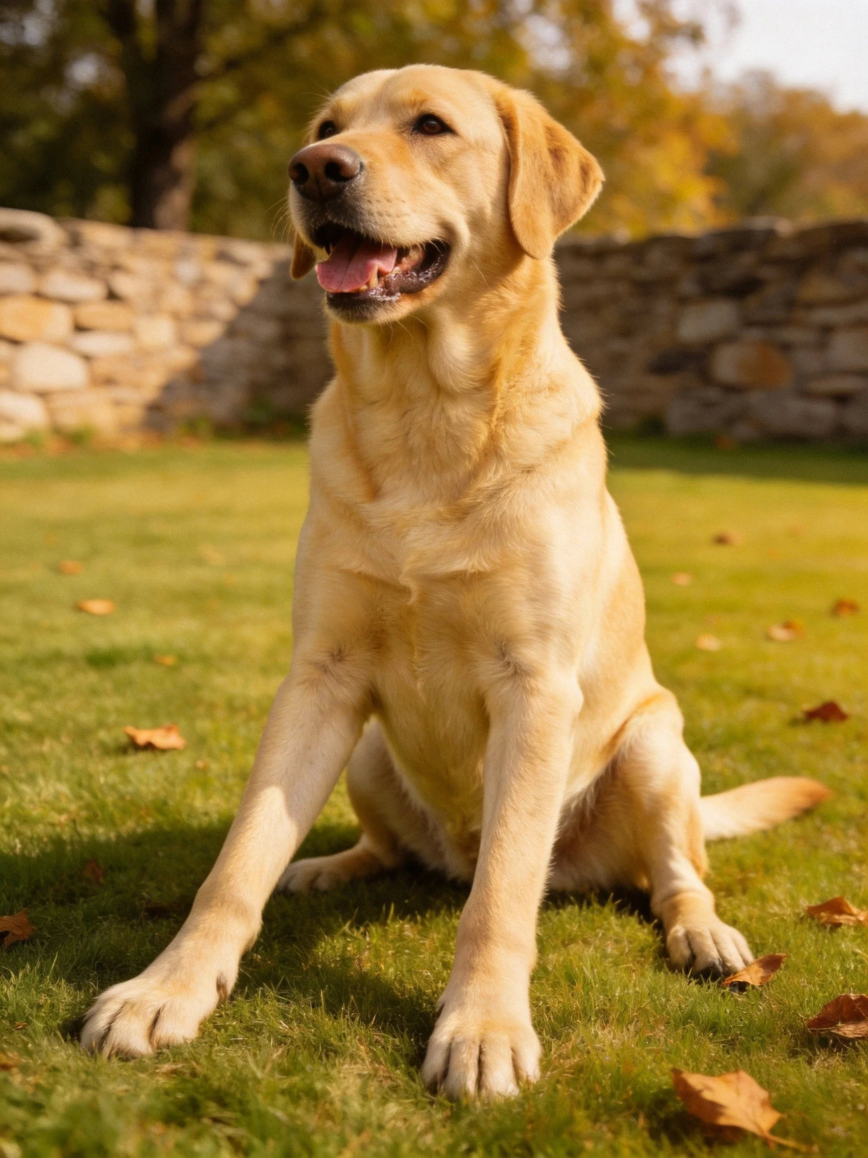 A golden Labrador Retriever sits among green grass and autumn leaves.