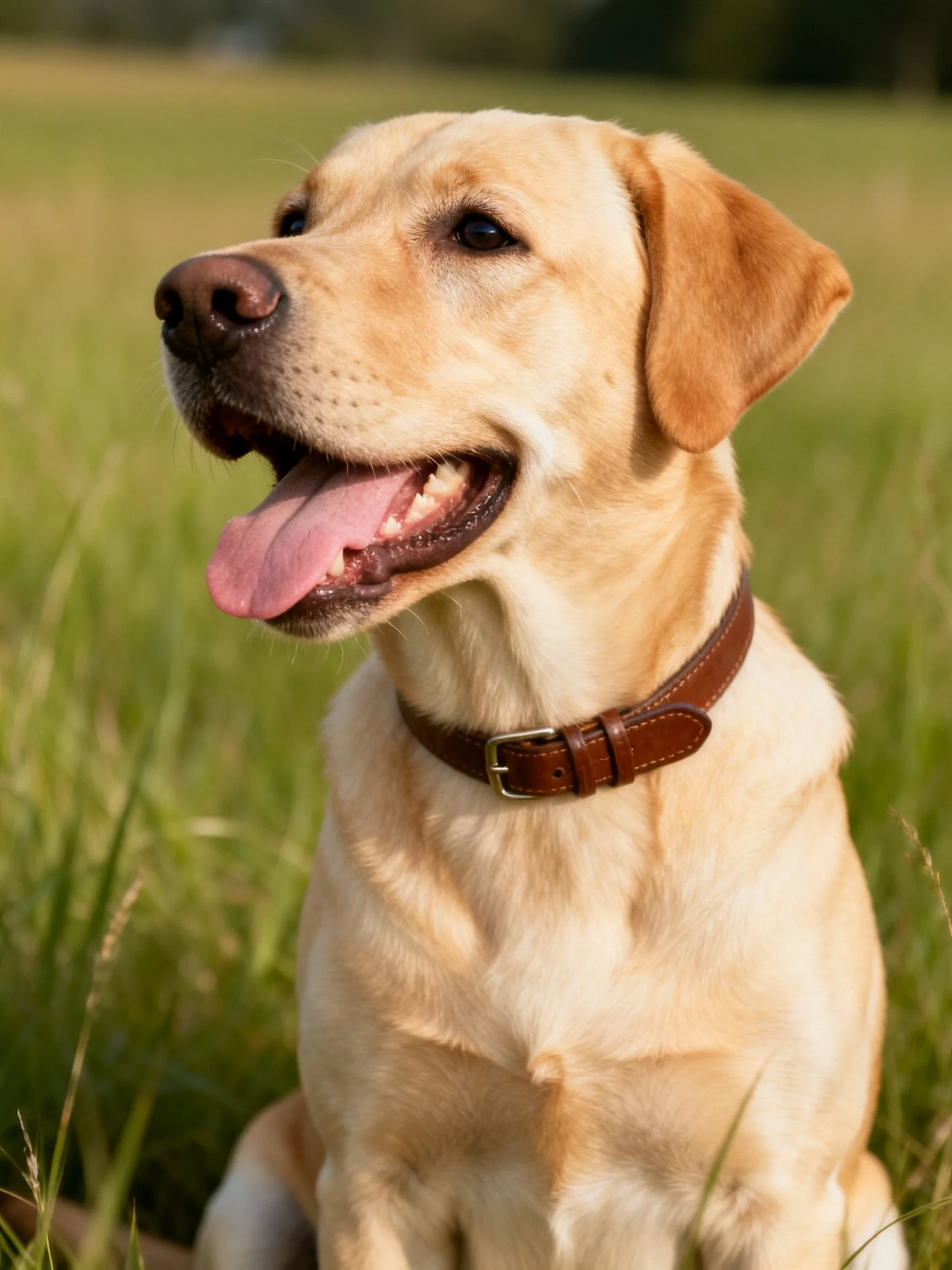 A golden Labrador Retriever relaxes in an open grassy outdoor setting.