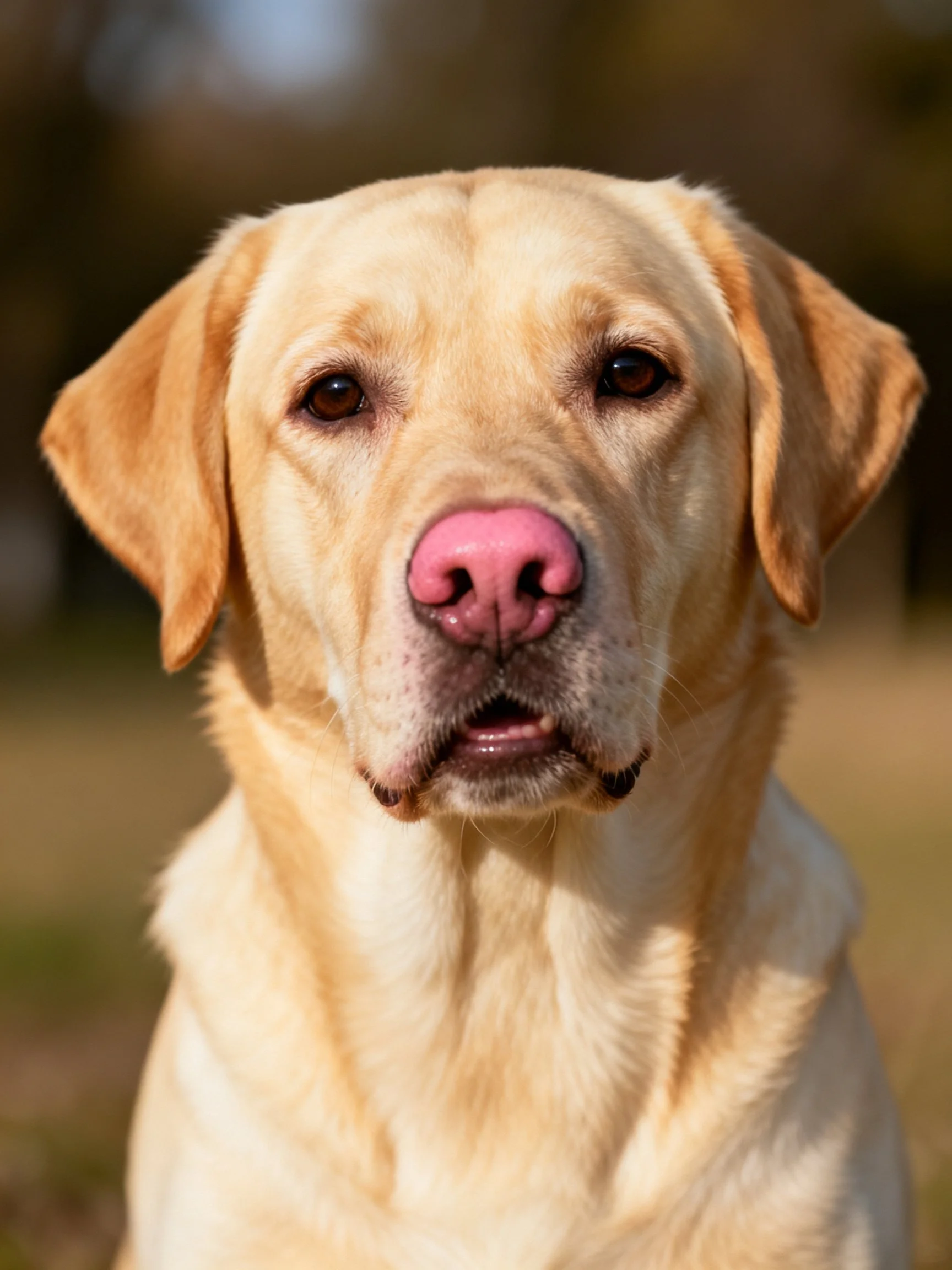 A golden Labrador Retriever with a pink nose stands outdoors.