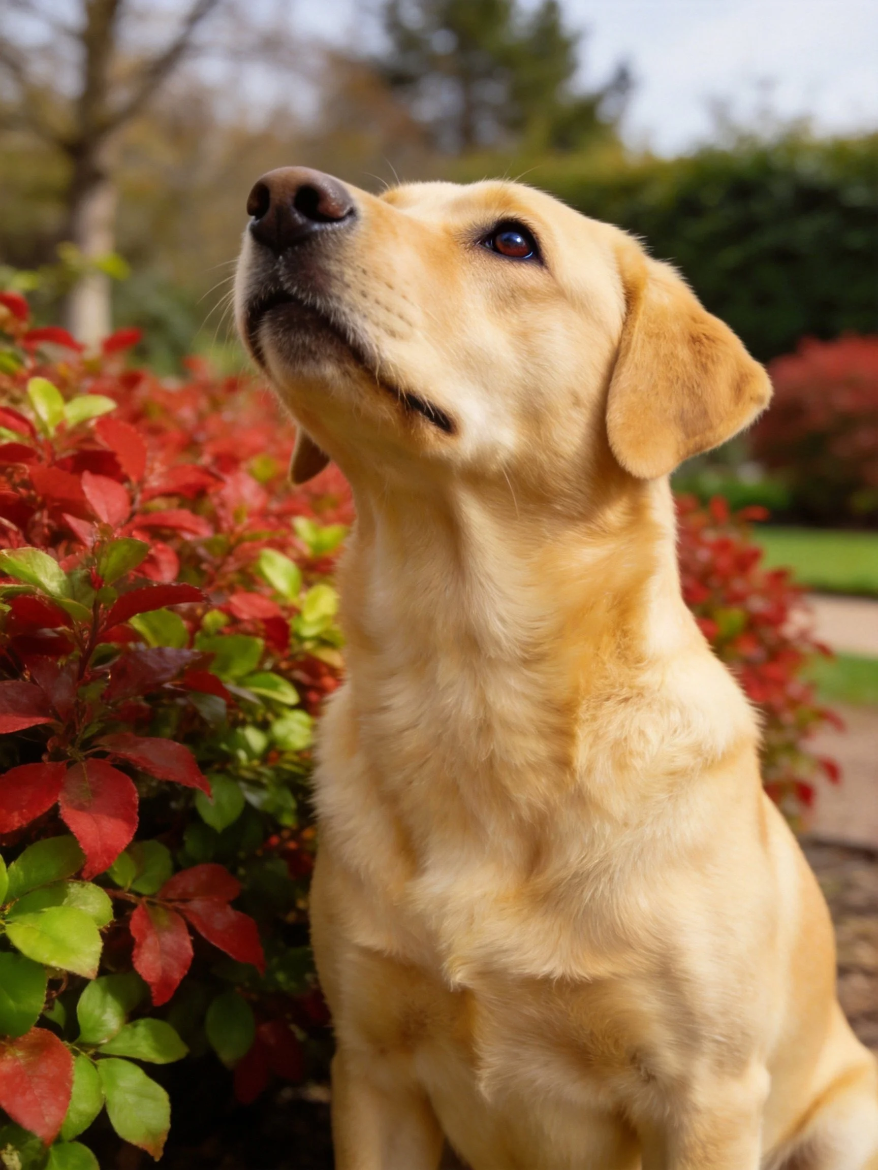 Golden Labrador sits near colorful shrubs, gazing upward outdoors.
