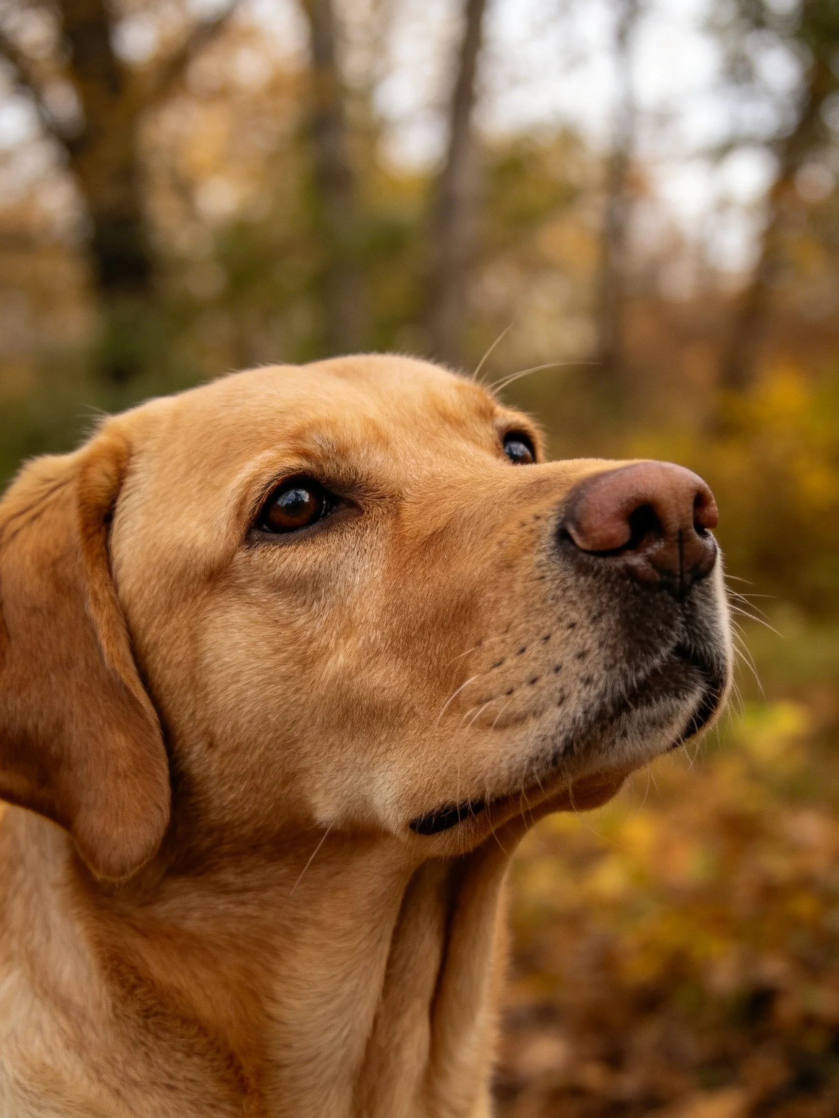 A golden Labrador retriever gazes upward in an autumn forest setting.