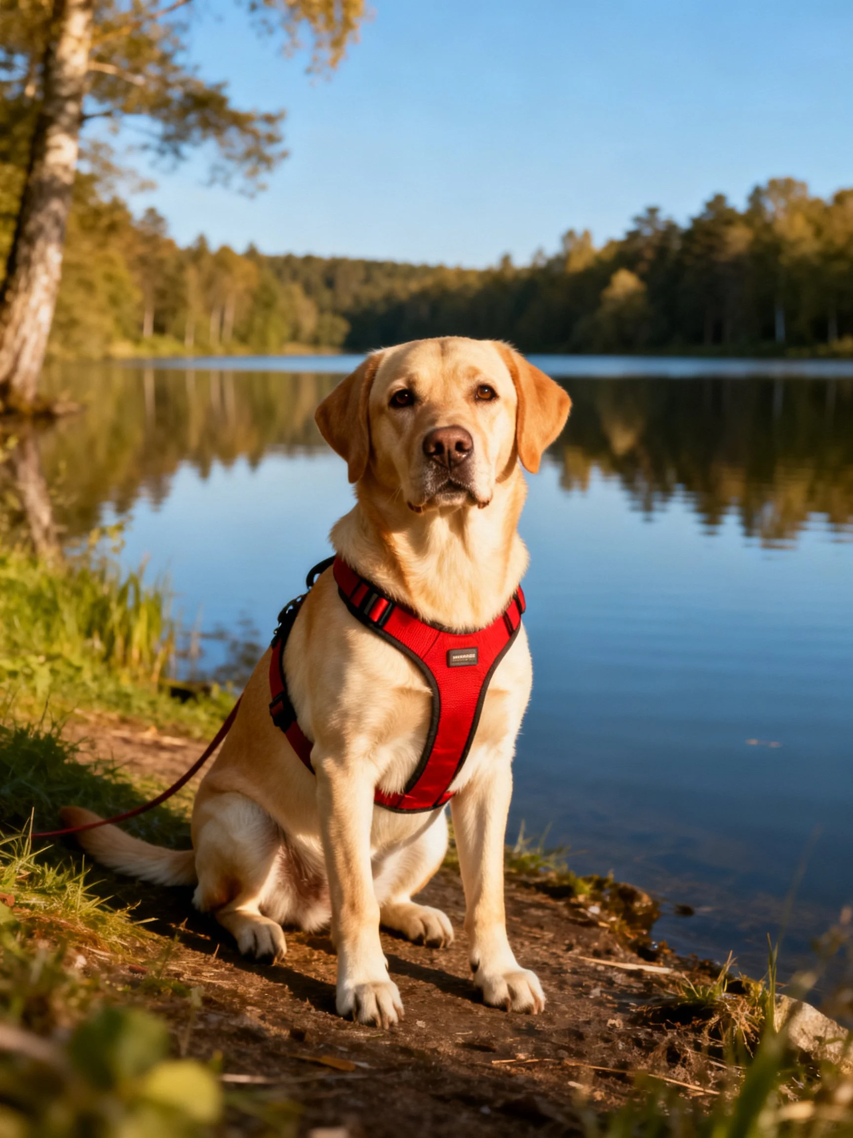 A golden Labrador wearing a red harness sits calmly by a peaceful lakeside.