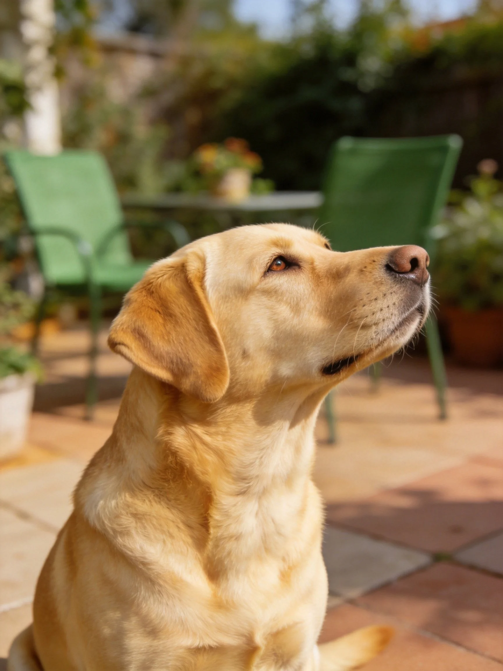 Golden Labrador gazes upward on a sunlit patio with green furniture.