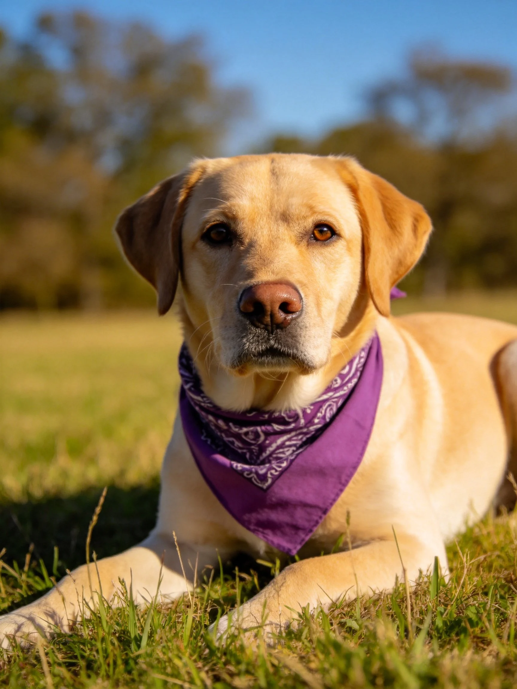 A yellow Labrador rests calmly on grass while wearing a purple bandana.