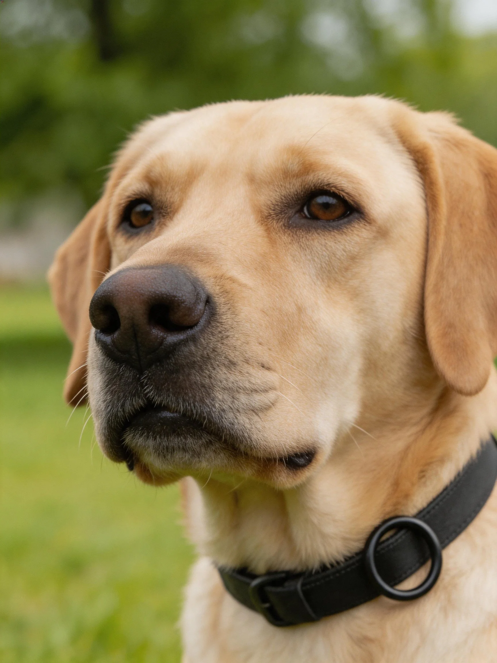 Golden Labrador retriever wearing a black collar outdoors