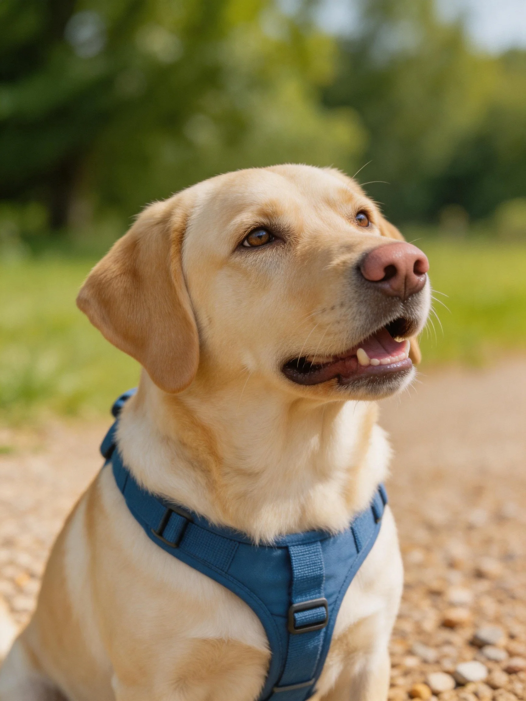 A golden Labrador in a blue harness rests on a gravel path amid greenery.