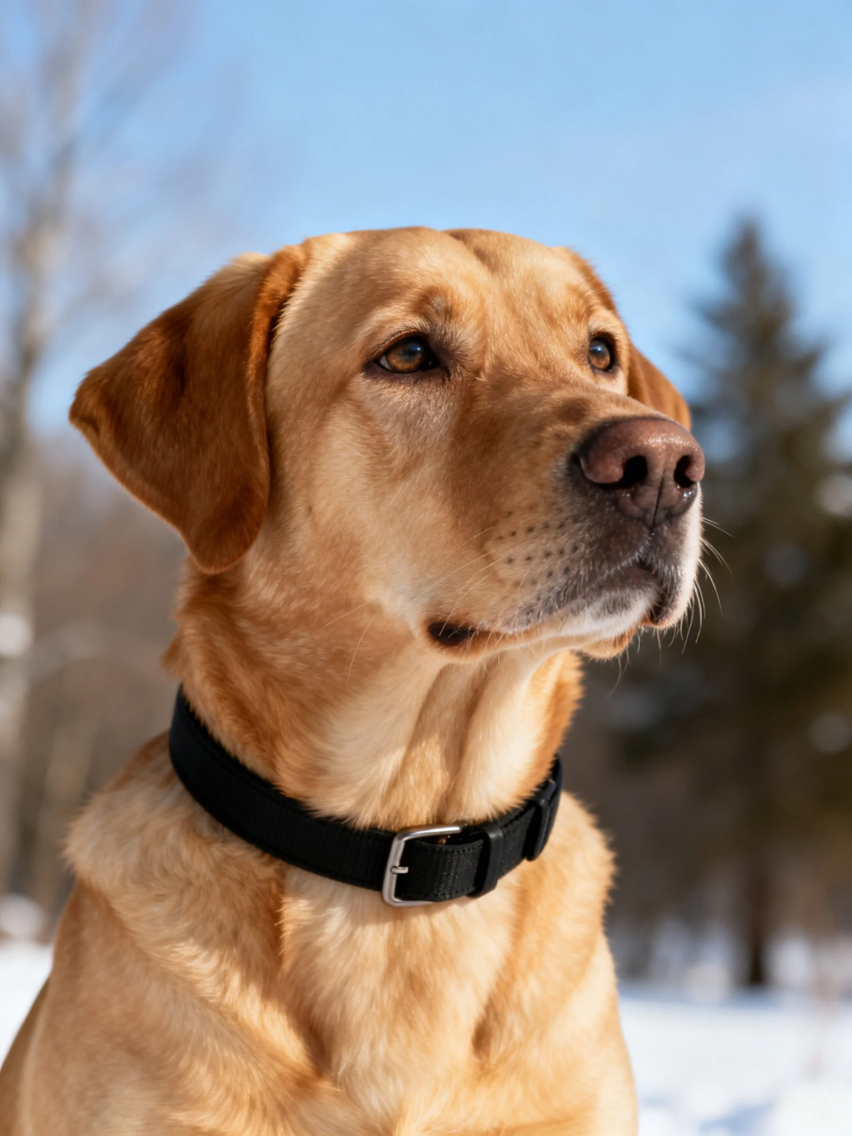 Golden Labrador with black collar in snowy landscape
