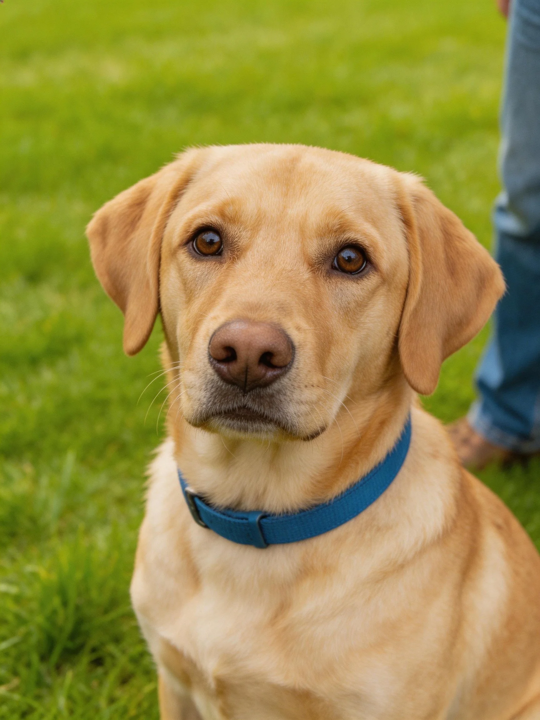 A golden Labrador with a blue collar sits on green grass near a person.