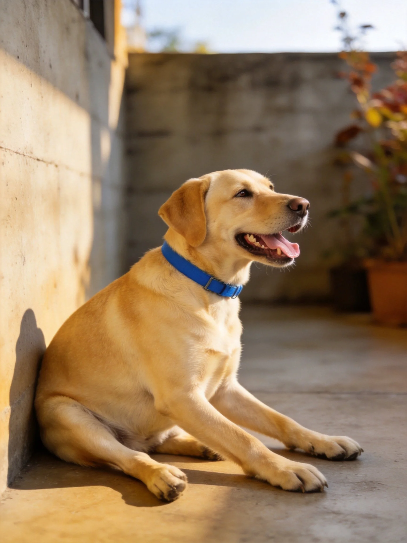 Golden Labrador rests contentedly by a concrete wall in sunlight.