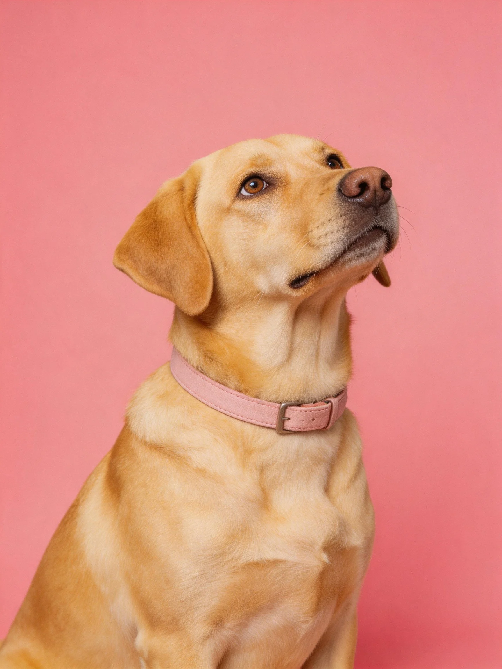 A golden Labrador wears a pink collar while looking upward against a pink backdrop.