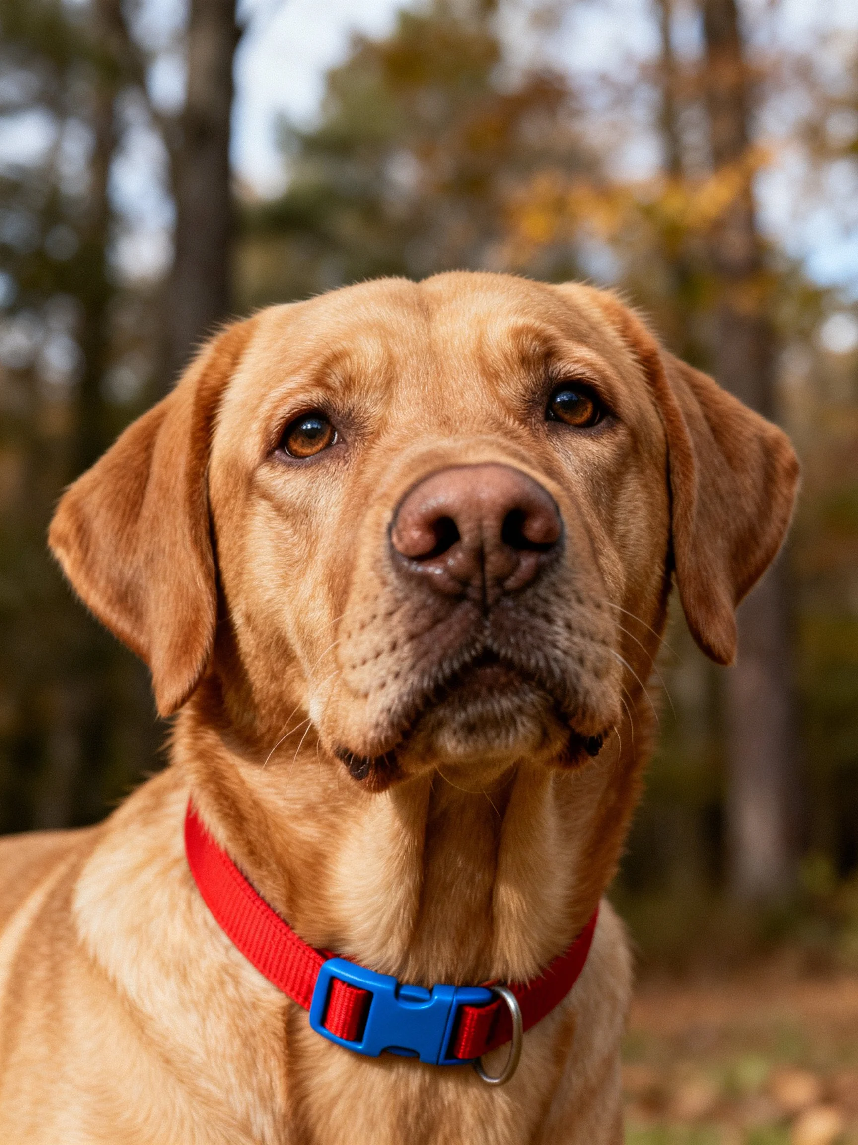 Golden Labrador with red collar and blue buckle in wooded area