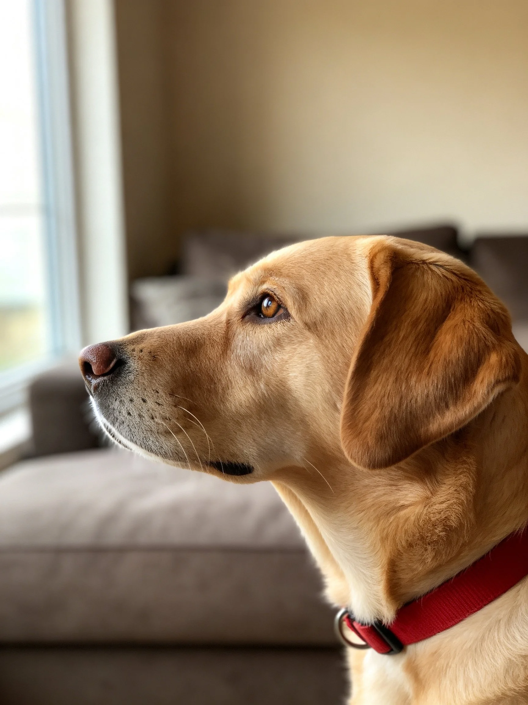 Golden Labrador with red collar gazes toward sunlit window