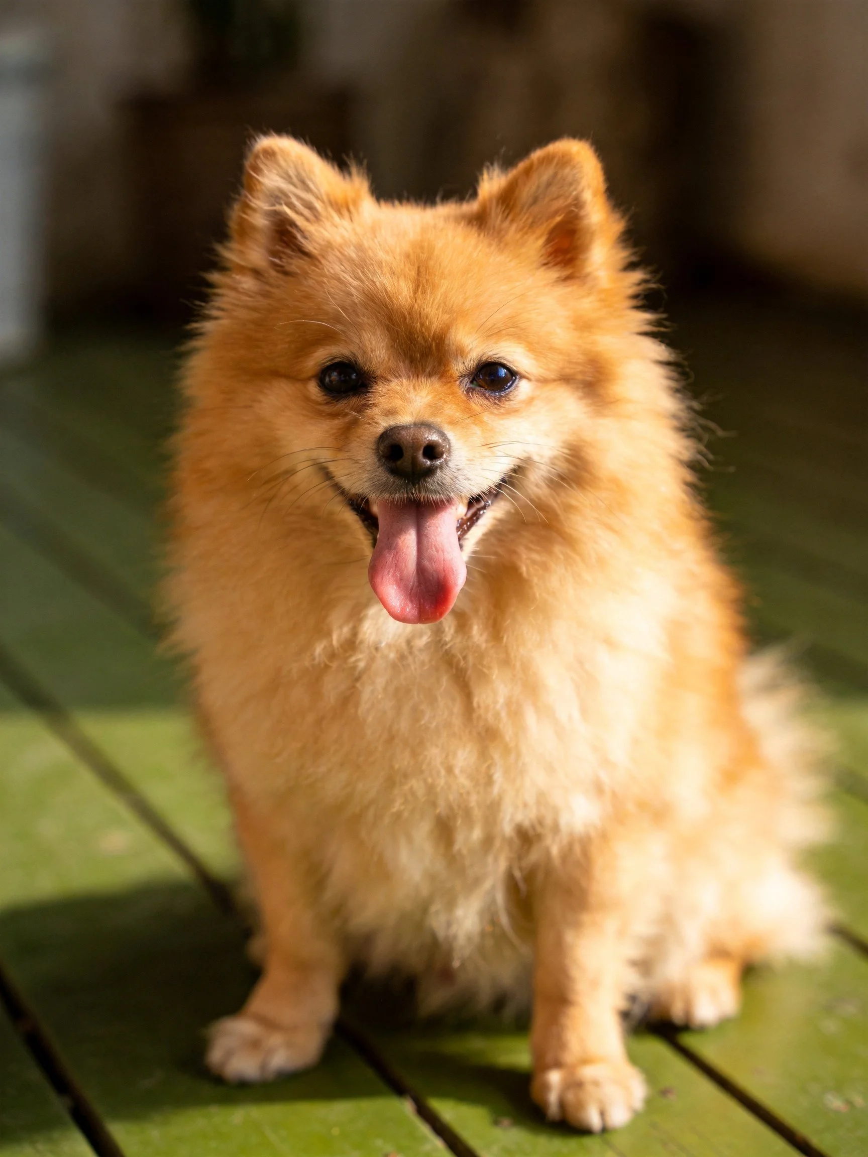 A golden Pomeranian dog sits happily on green wooden planks.