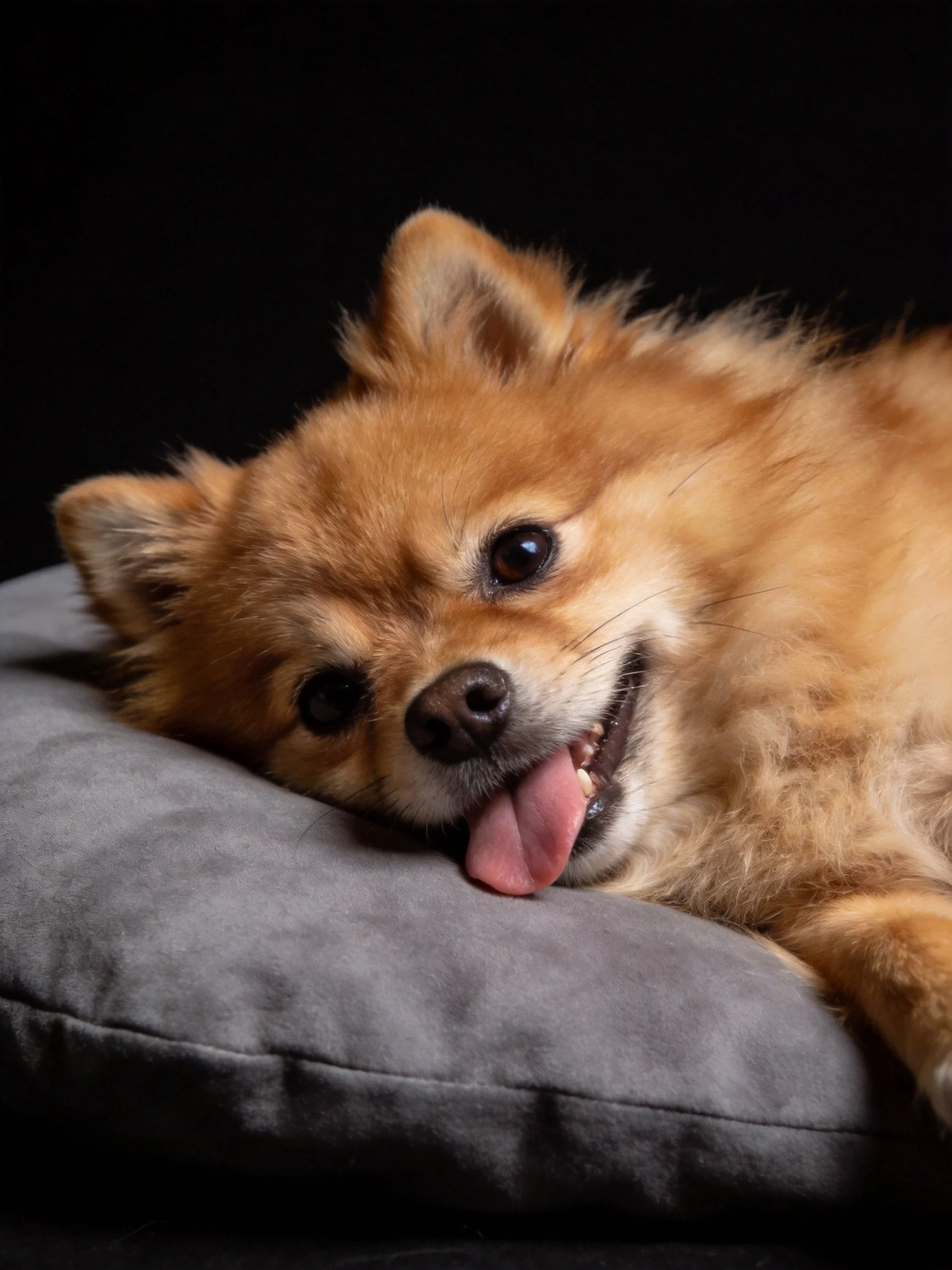 Golden Pomeranian resting on gray cushion with dark background