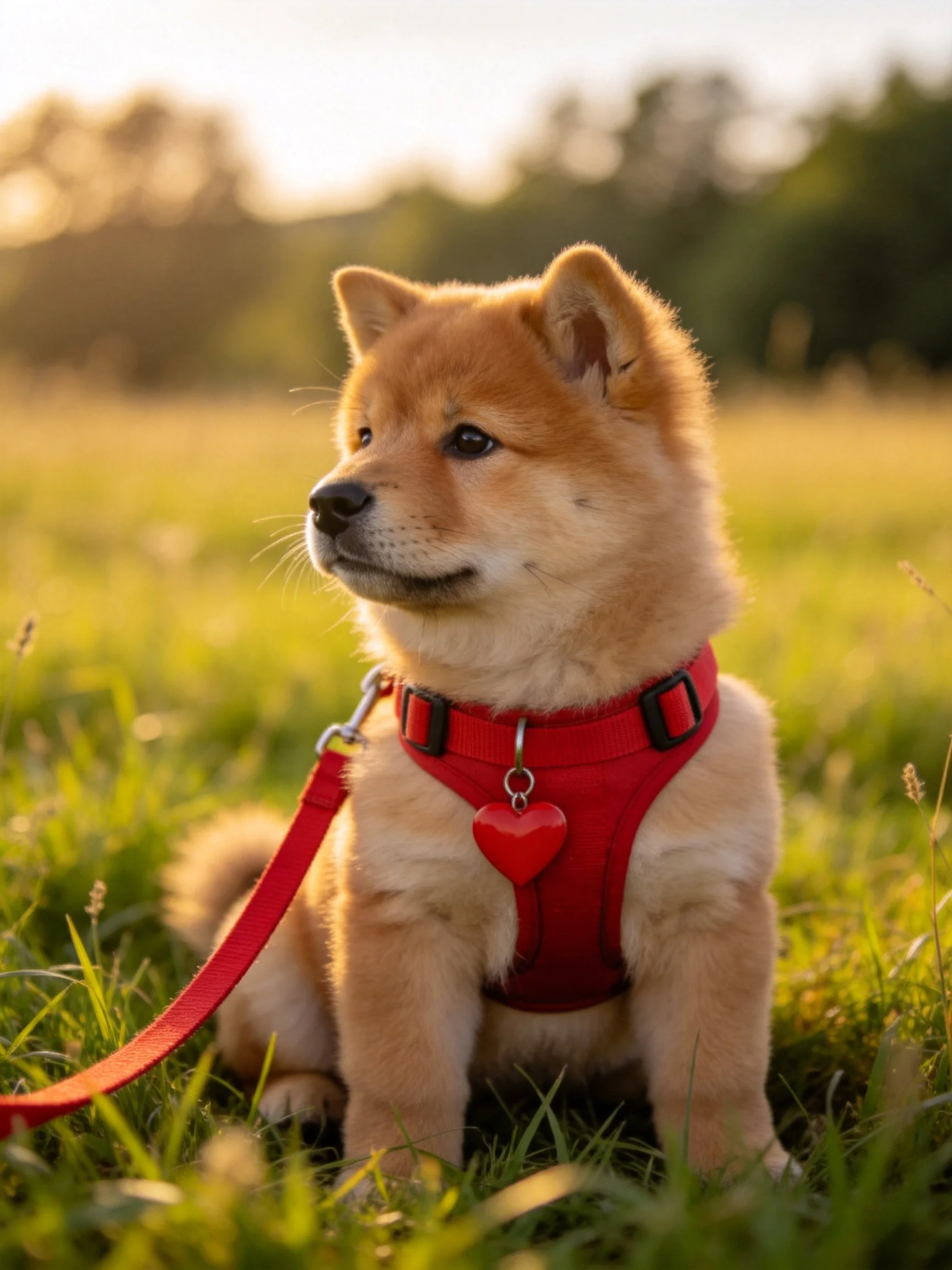 A golden Shiba Inu puppy in a red harness sits calmly in a sunlit meadow.