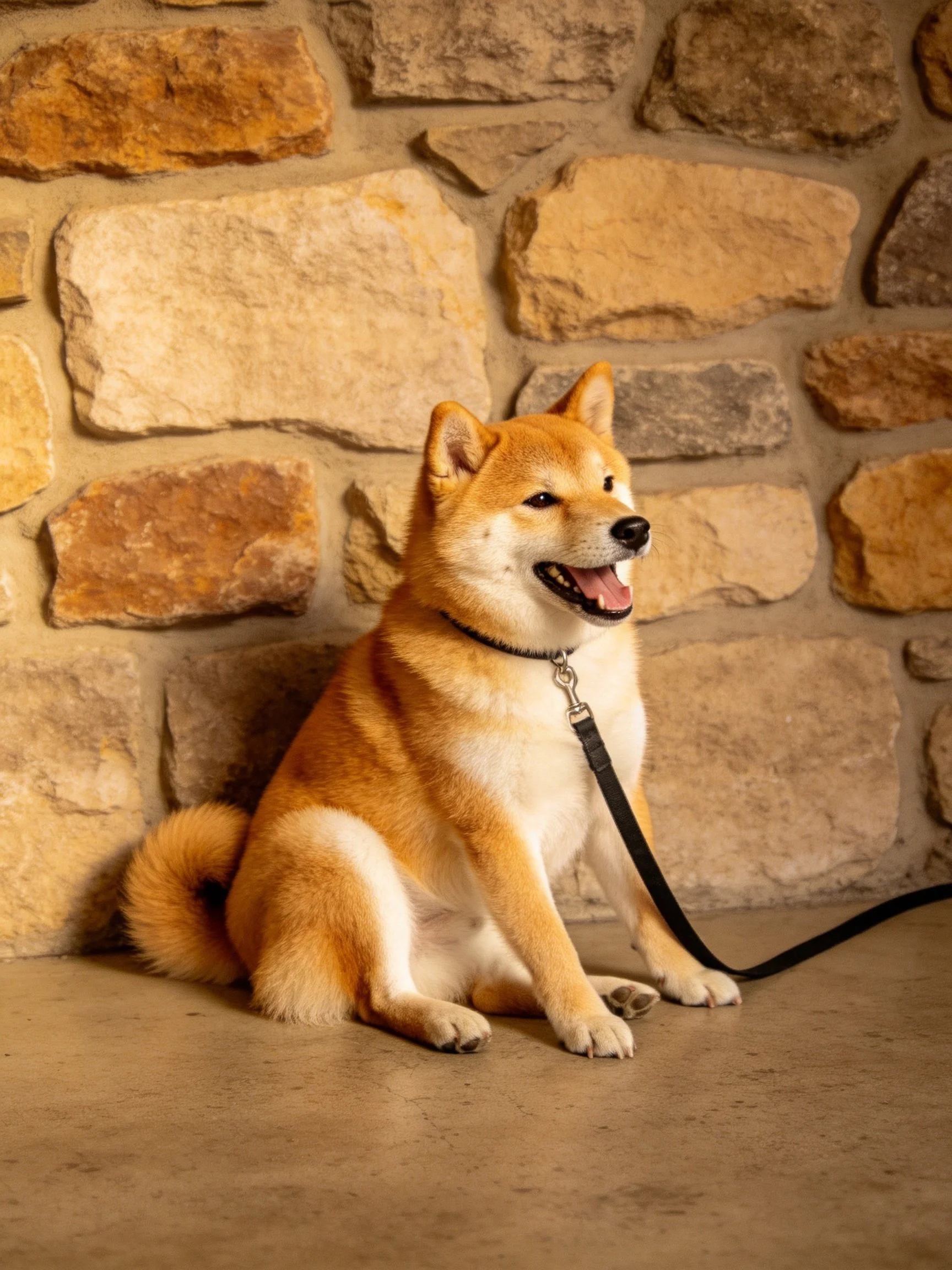 Golden Shiba Inu sitting by a textured stone wall