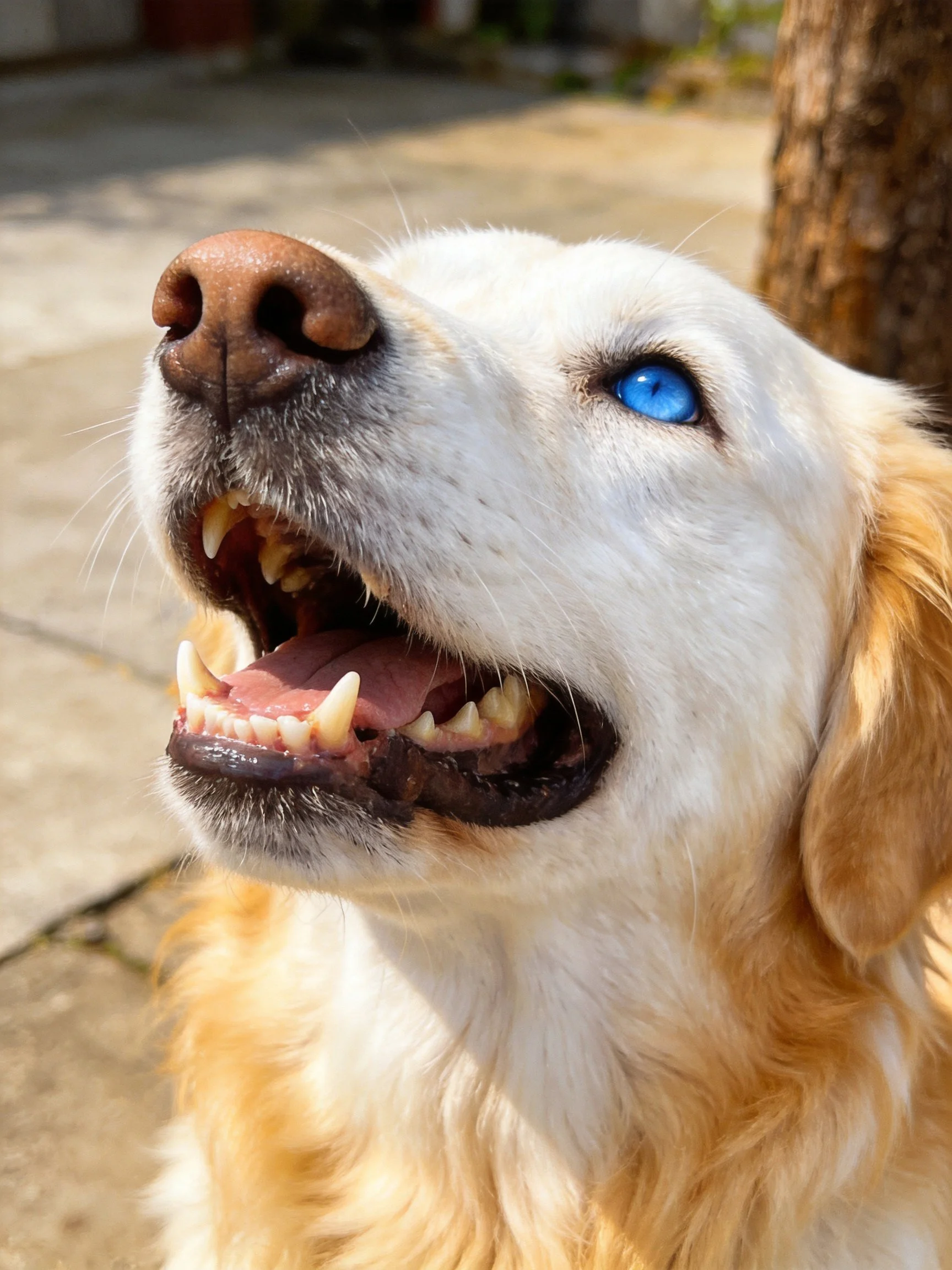 A golden and white dog with blue eyes pants outdoors.