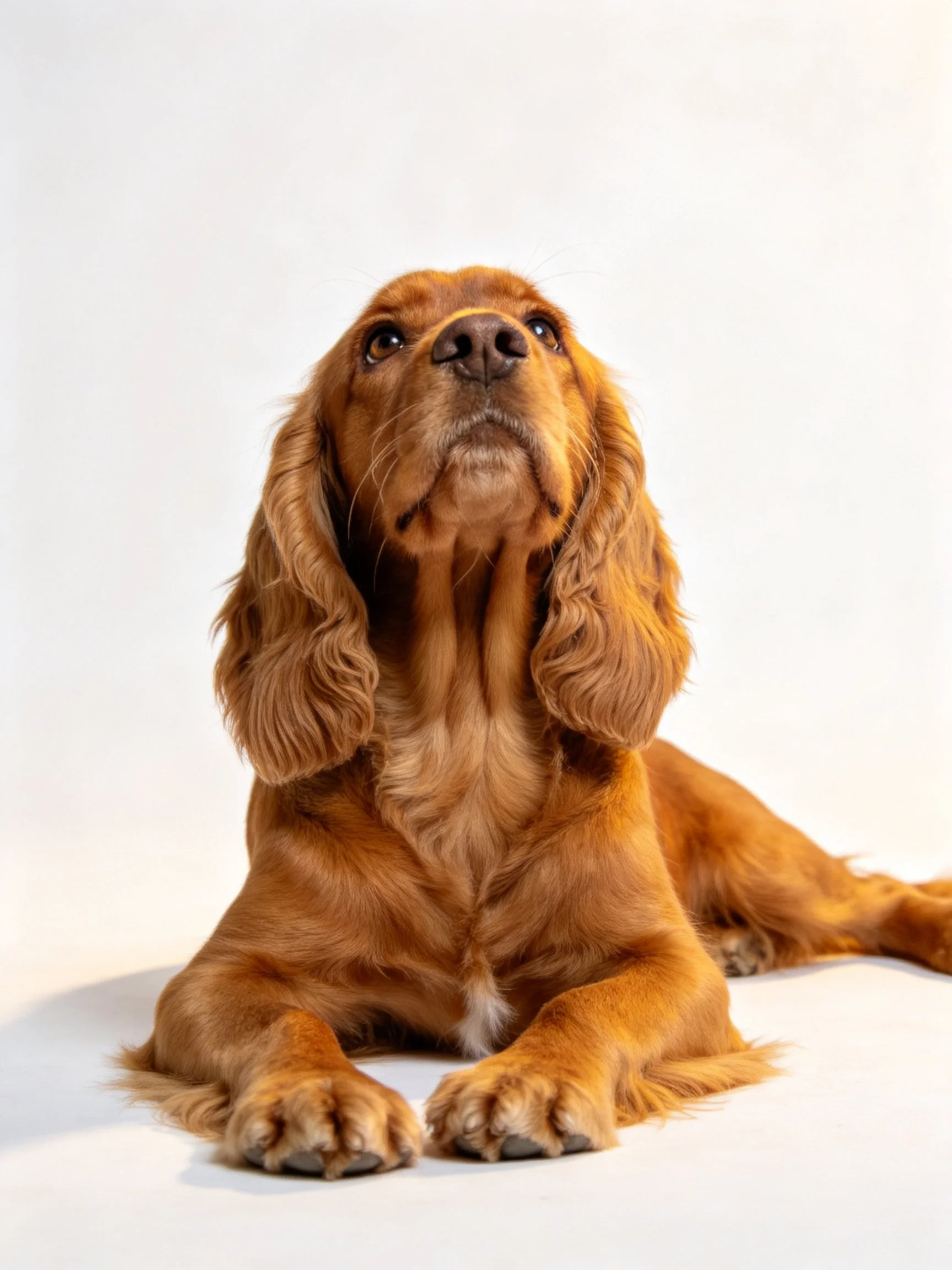 Golden-brown Cocker Spaniel rests on a white surface, gazing upward.
