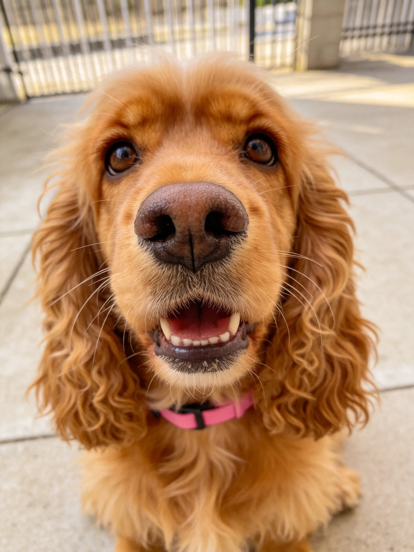 Golden-brown Cocker Spaniel with curly fur and pink collar