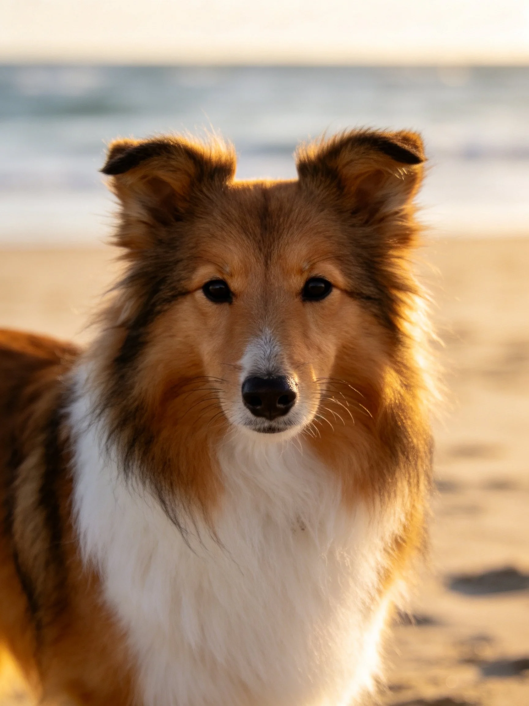 A collie stands on a sandy beach with the ocean visible in the distance.
