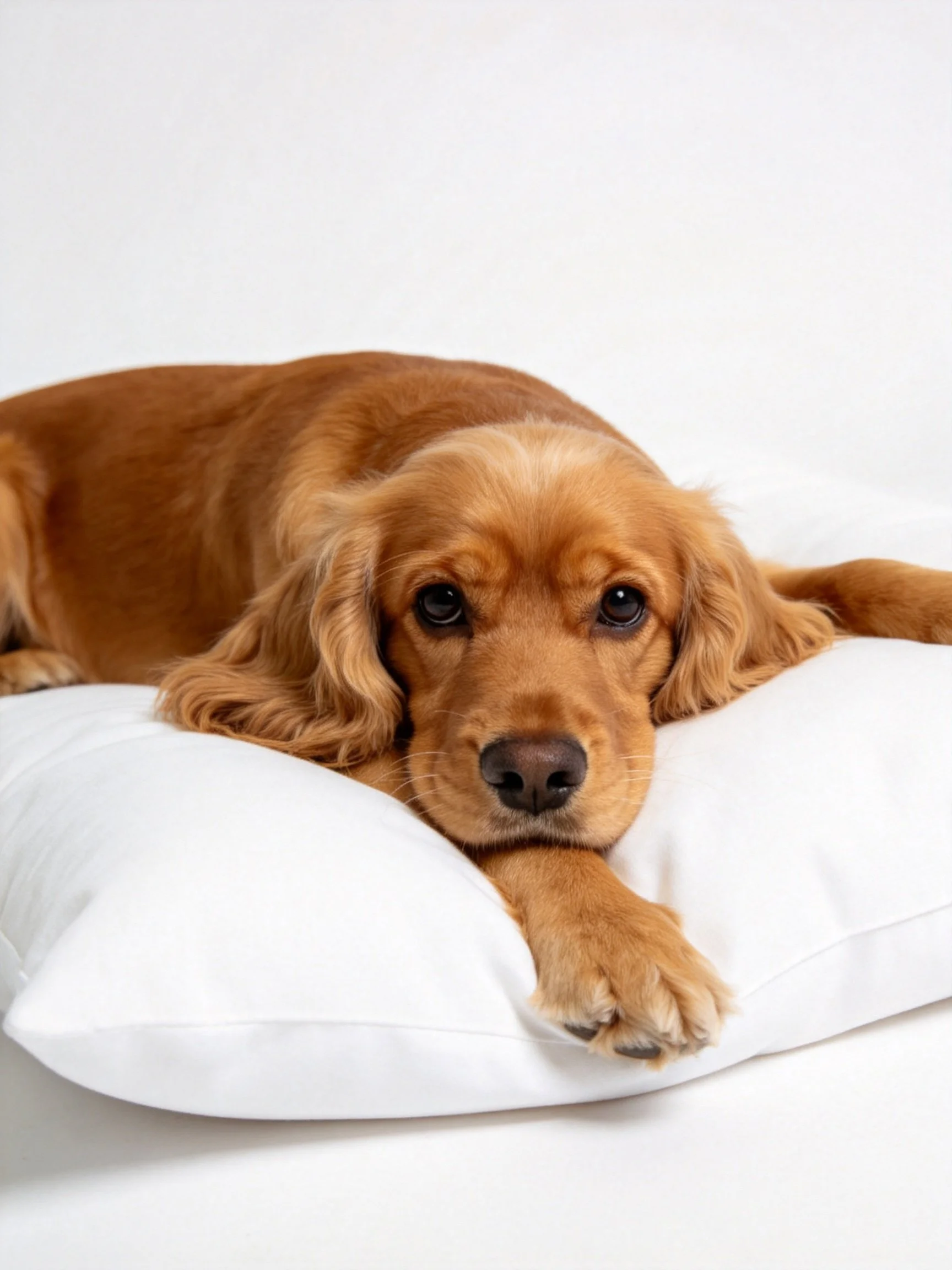 A golden-brown dog lies comfortably on a white cushion.
