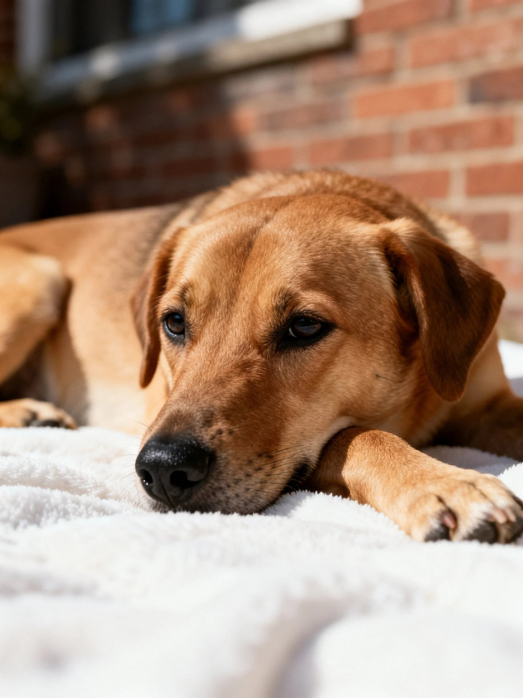 Golden-brown dog rests on white blanket by brick wall