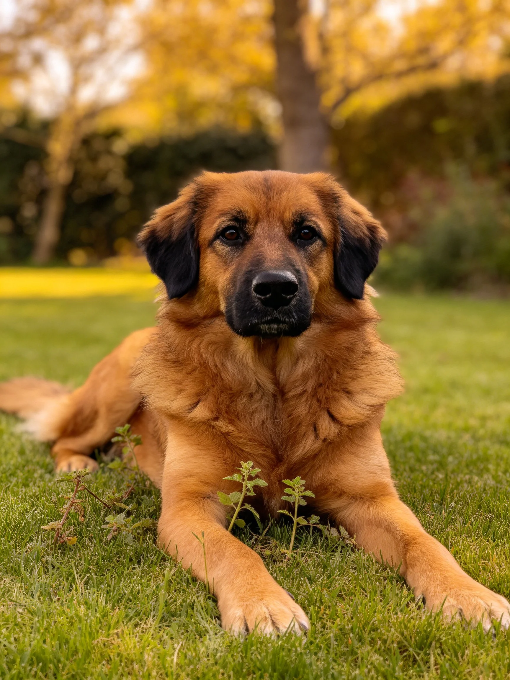 A golden-brown dog lies peacefully on grass amidst autumn scenery.
