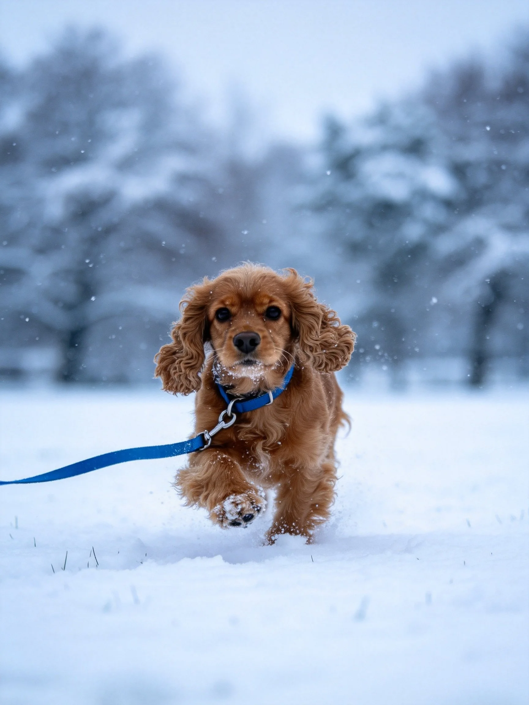 Golden-brown dog runs through snow with blue leash in winter setting.
