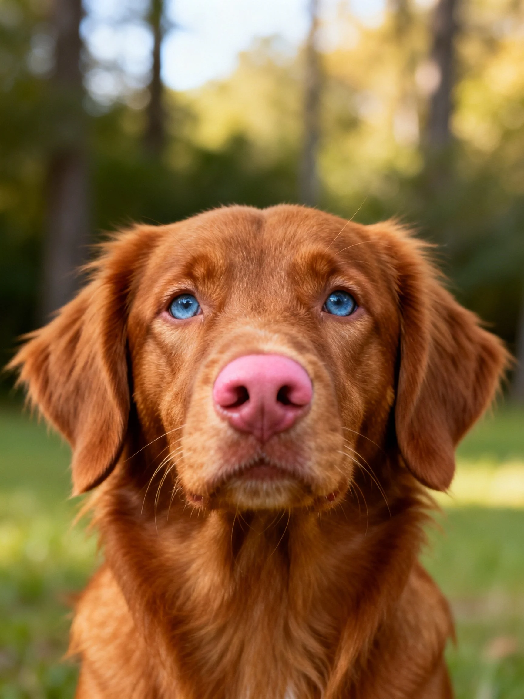 A golden-brown dog with striking blue eyes is photographed in a sunlit natural environment.