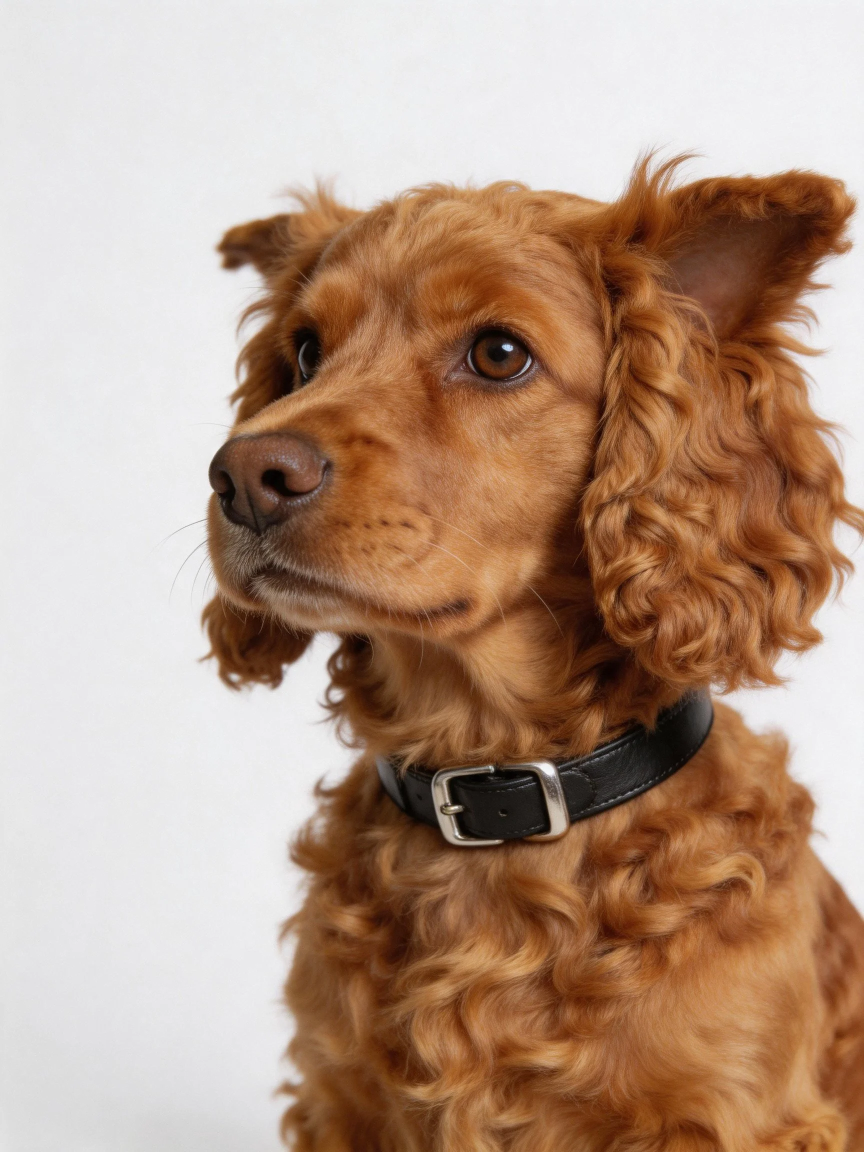 Golden-brown dog with curly fur, black collar, alert expression
