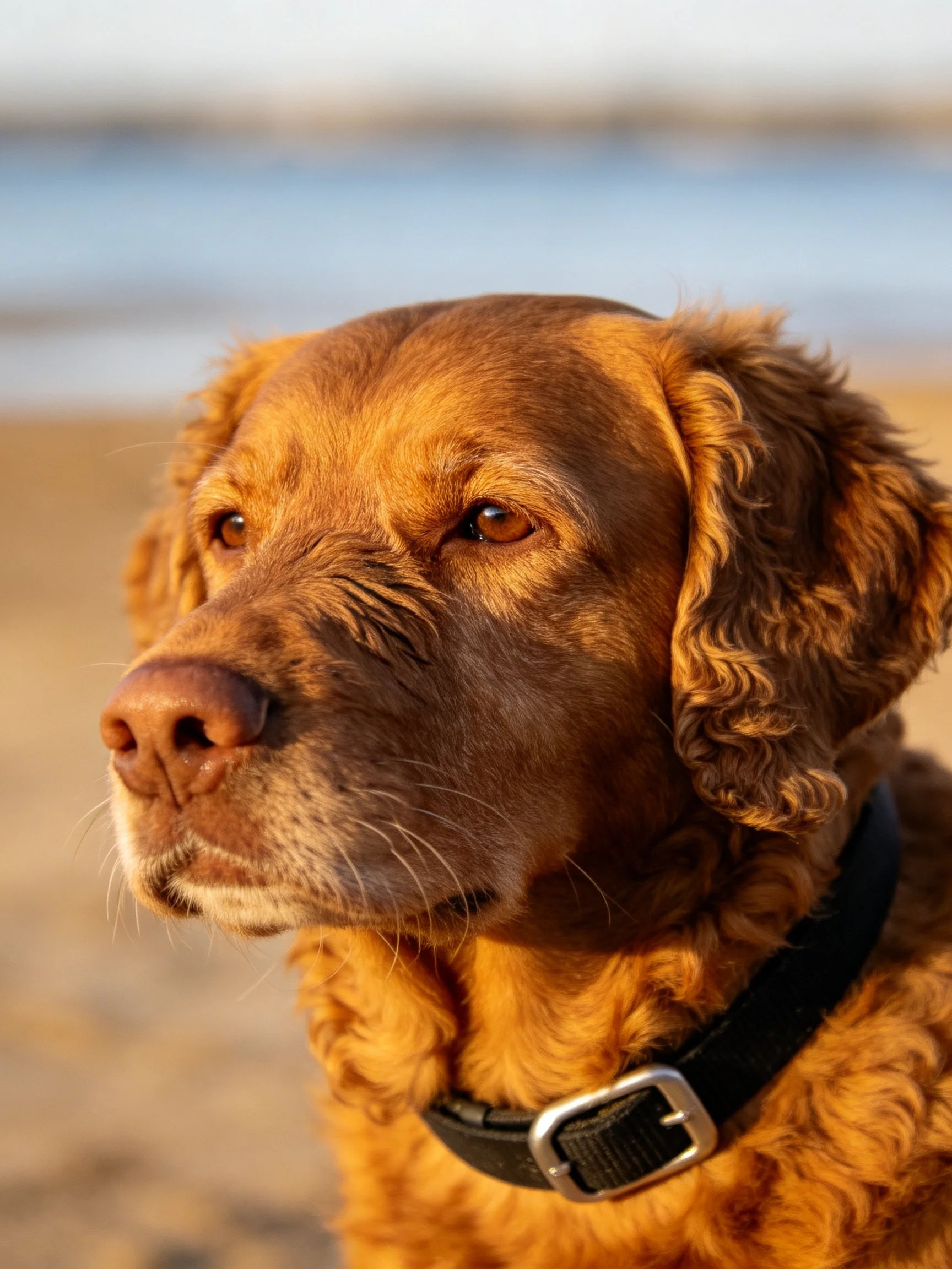 Golden-brown dog with curly fur on a sandy beach