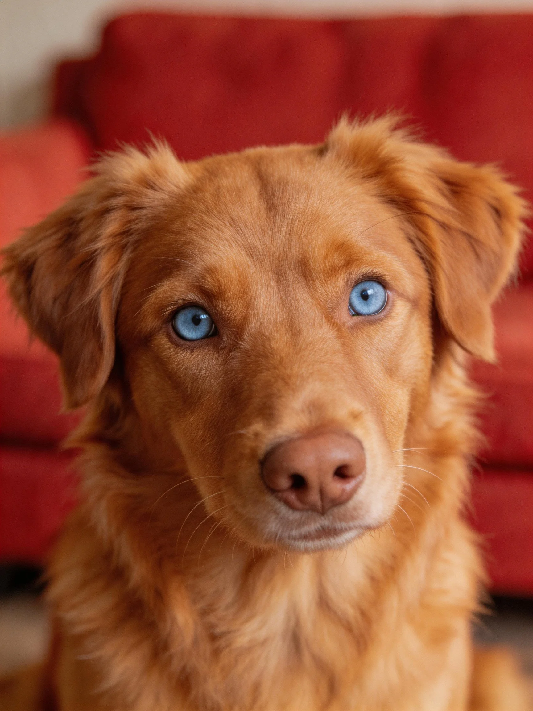 Golden-brown dog with striking blue eyes beside a red sofa