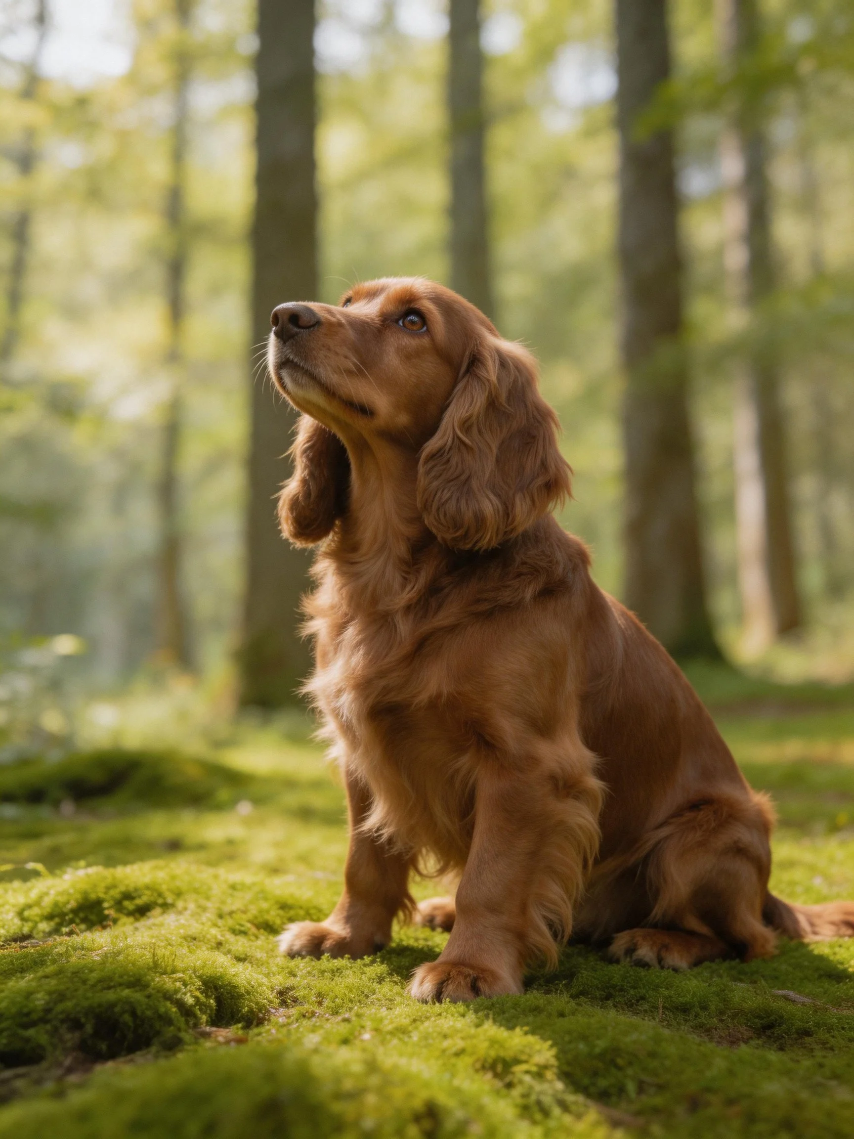 Golden-brown spaniel sits on moss amid tall trees in sunlit forest.