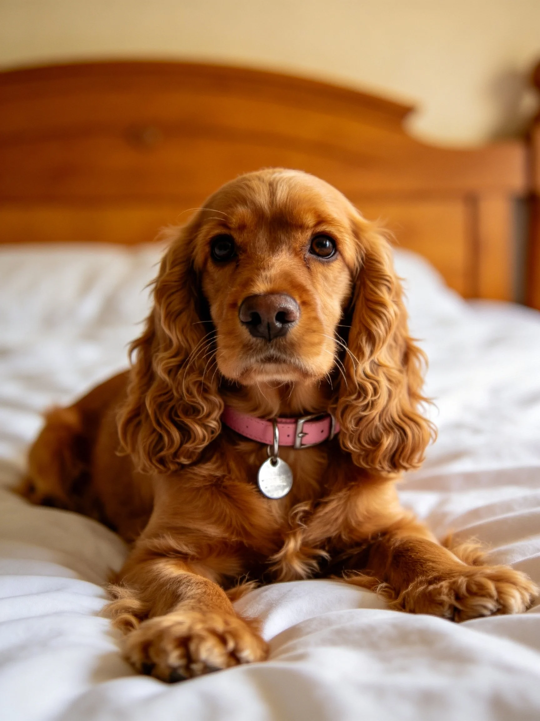 A golden-brown spaniel lies on a white bed with a wooden headboard.