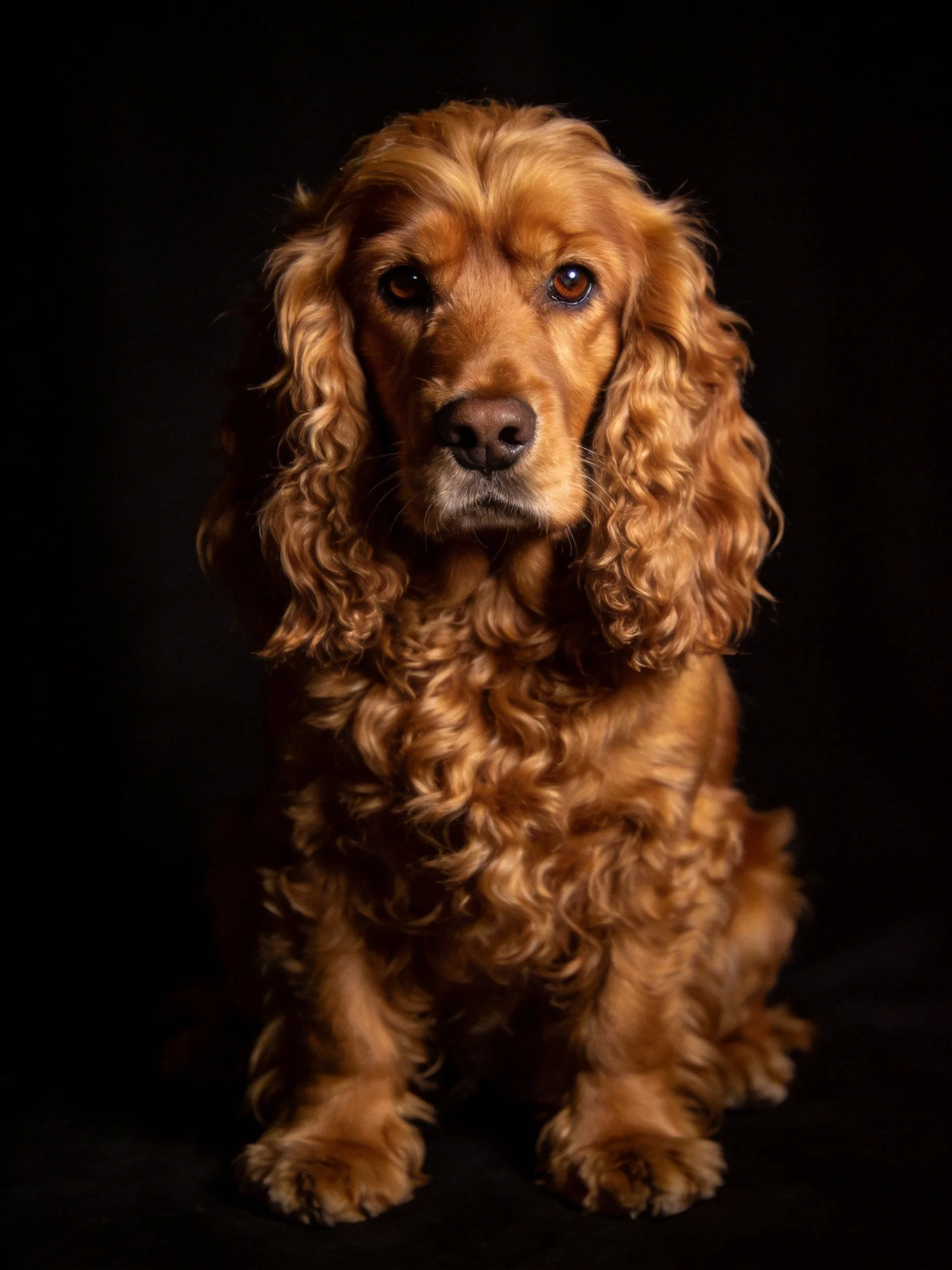 A golden-brown spaniel sits calmly against a black background.